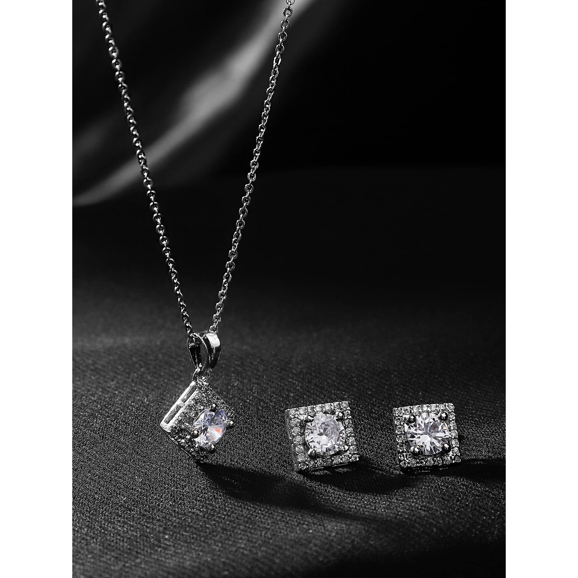 Yellow Chimes Pendant Set for Women Silver Toned AD/American Dimaond Crytal Studded Square Shaped Pendant Set with Earrings for Women and Girls