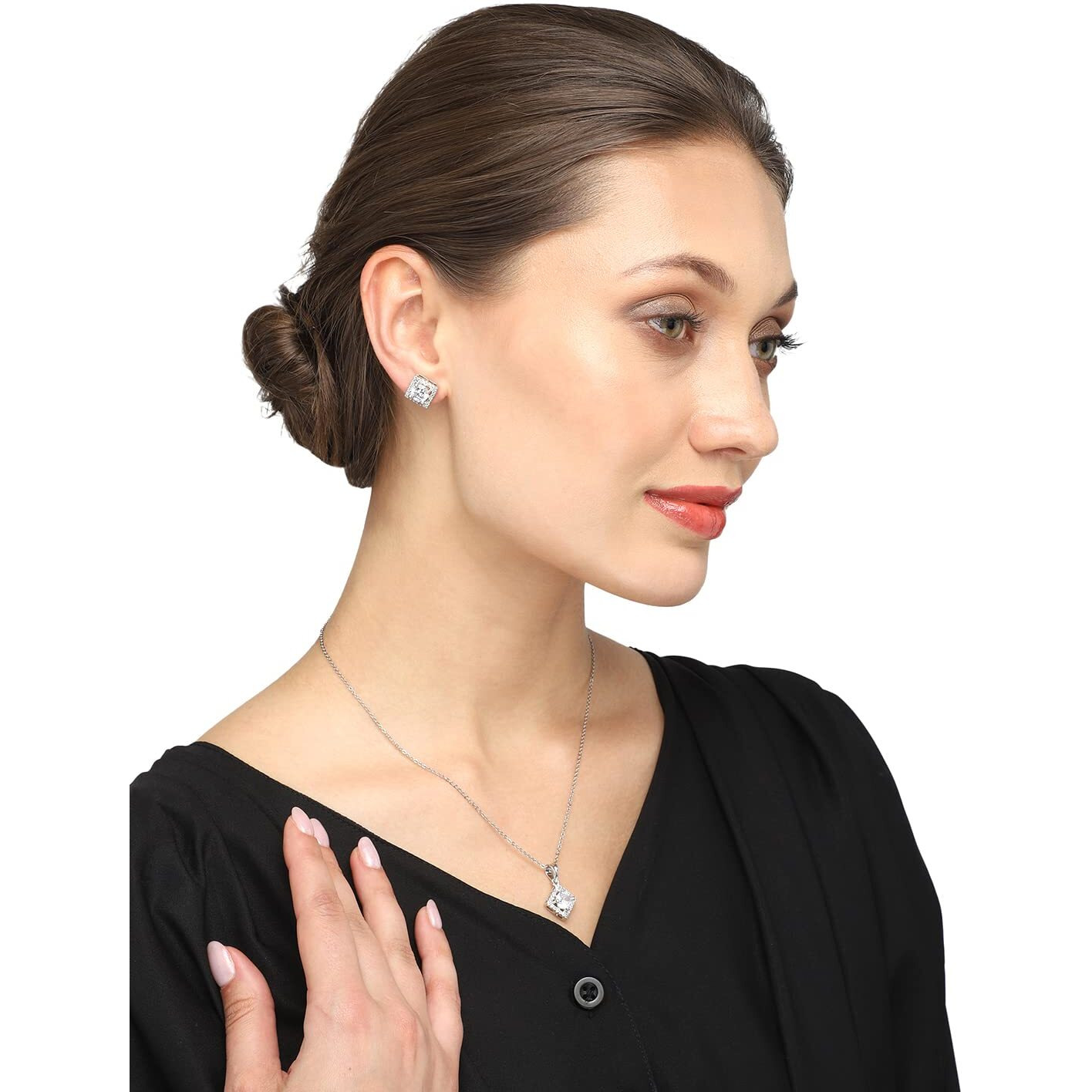 Yellow Chimes Pendant Set for Women Silver Toned AD/American Dimaond Crytal Studded Square Shaped Pendant Set with Earrings for Women and Girls
