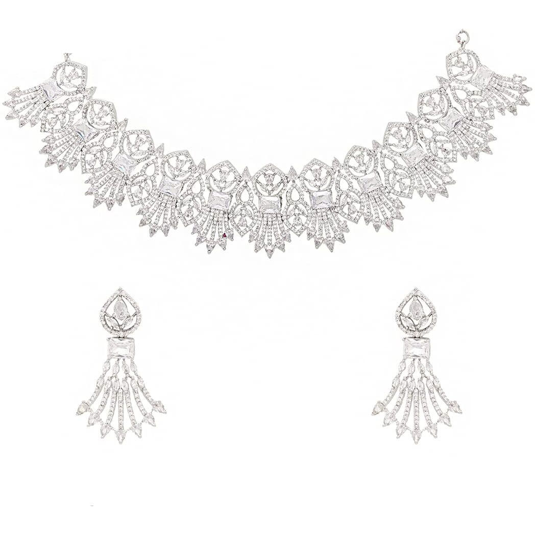Yellow Chimes American Diamond Jewellery Set for Women Rhodium Plated Bridal Wedding White AD Jewellery Necklace Set for Women and Girls