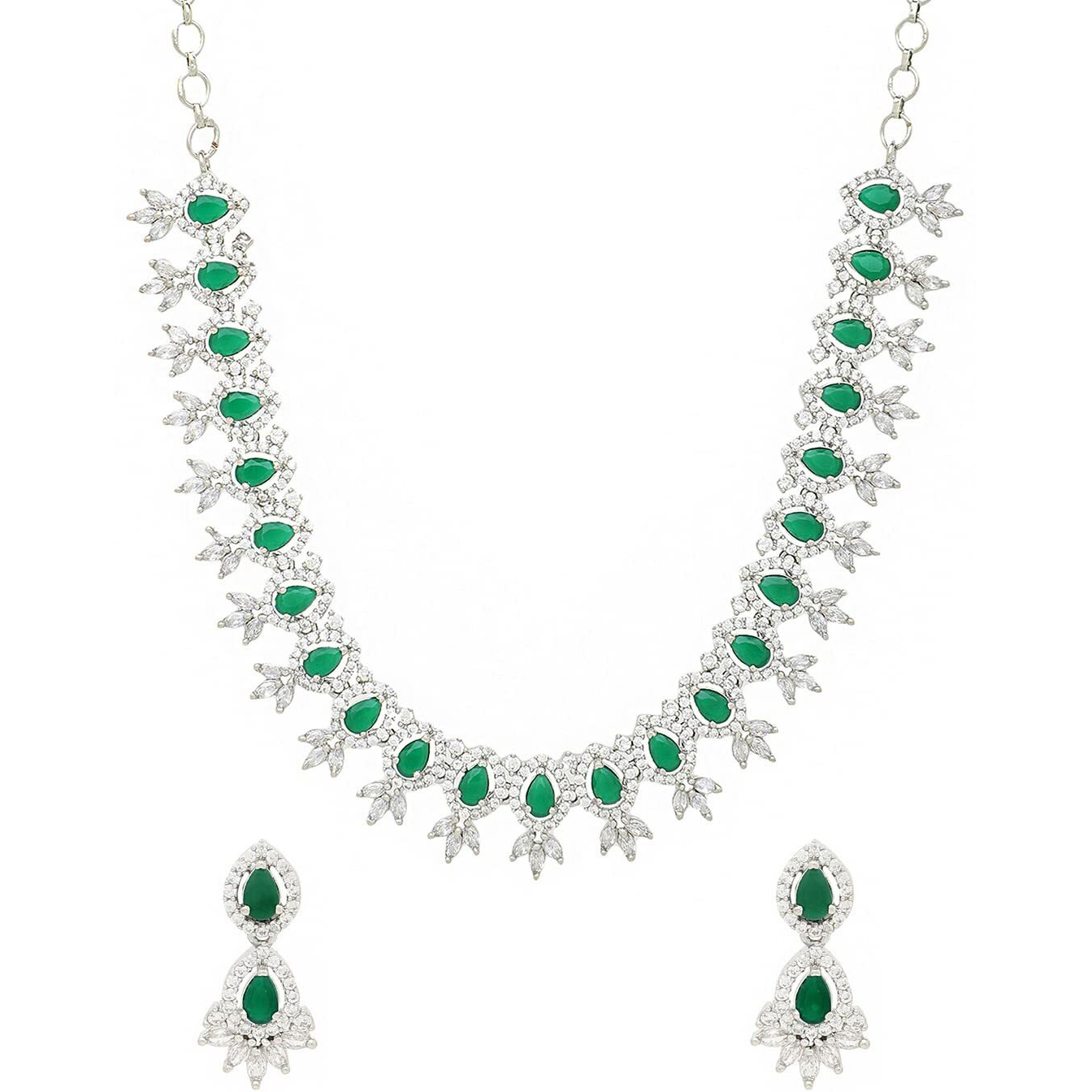Yellow Chimes American Diamond Necklace Set For Women | Green Stone Silver Jewellery Set For Women | Diamond Necklace Set | Birthday Gift for Girls Anniversary Gift for Wife