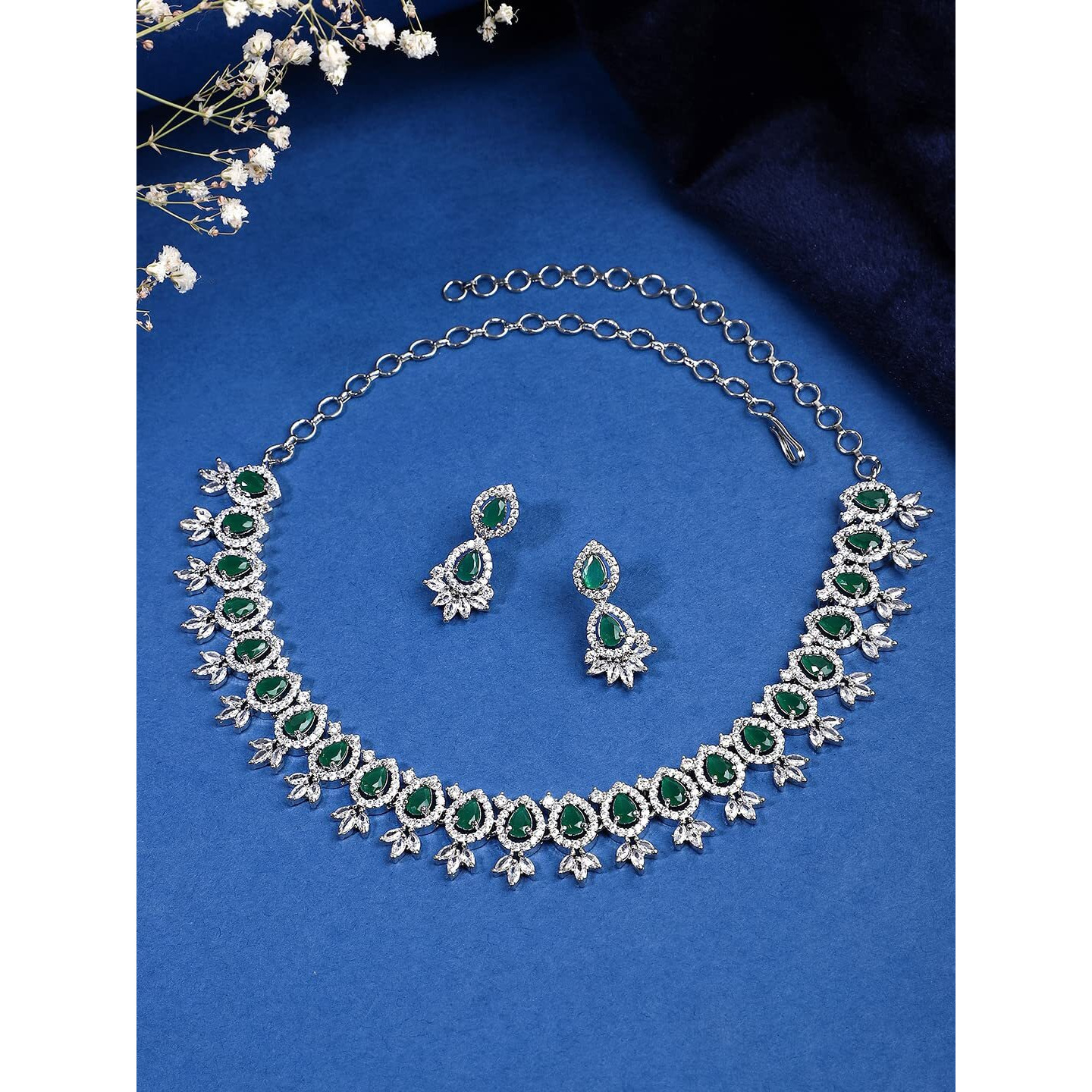 Yellow Chimes American Diamond Necklace Set For Women | Green Stone Silver Jewellery Set For Women | Diamond Necklace Set | Birthday Gift for Girls Anniversary Gift for Wife