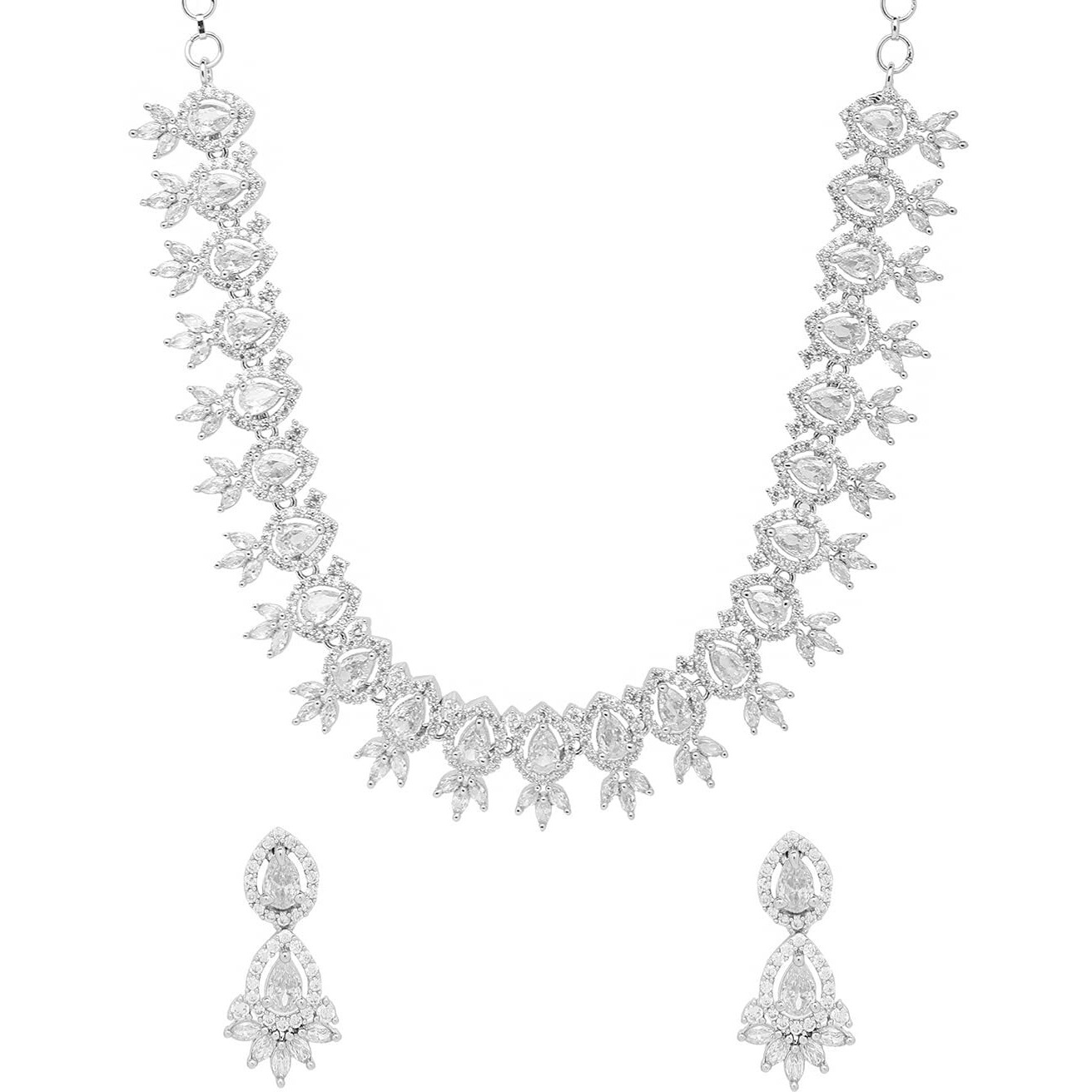 Yellow Chimes American Diamond Necklace Set For Women | White Stone Silver Jewellery Set For Women | Diamond Necklace Set | Birthday Gift for Girls Anniversary Gift for Wife