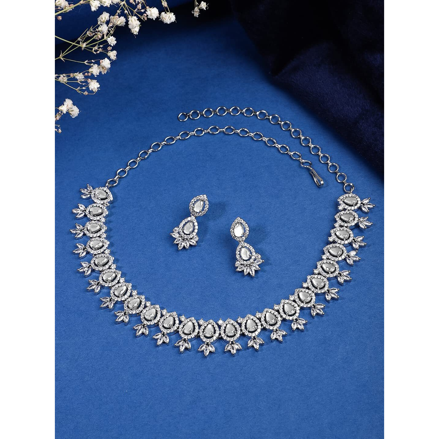 Yellow Chimes American Diamond Necklace Set For Women | White Stone Silver Jewellery Set For Women | Diamond Necklace Set | Birthday Gift for Girls Anniversary Gift for Wife