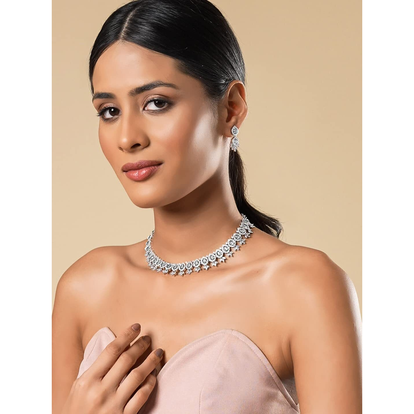 Yellow Chimes American Diamond Necklace Set For Women | White Stone Silver Jewellery Set For Women | Diamond Necklace Set | Birthday Gift for Girls Anniversary Gift for Wife