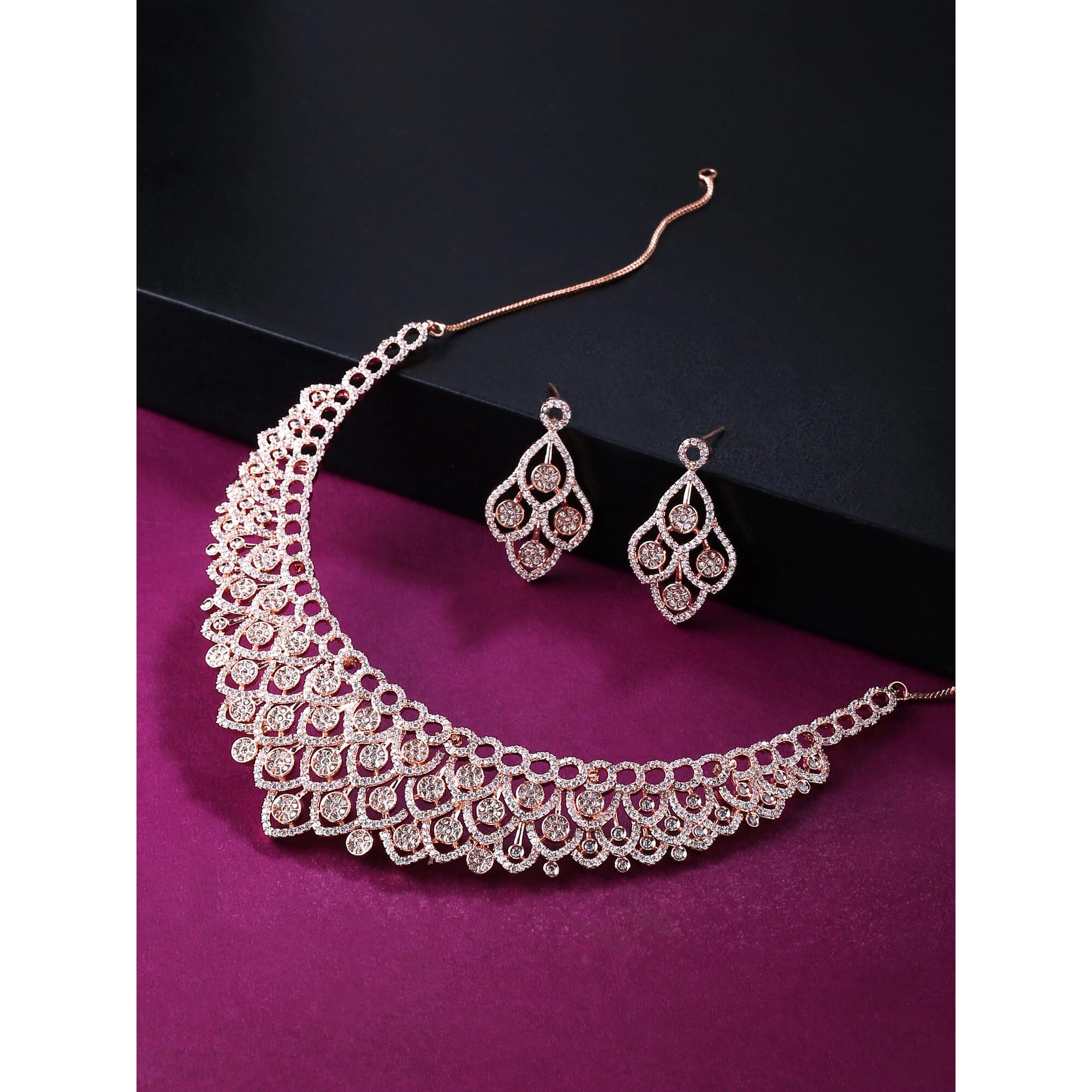 Yellow Chimes American Diamond Necklace Set For Women | White Stone Rose Gold Jewellery Set For Women | Diamond Necklace Set | Birthday Gift for Girls Anniversary Gift for Wife