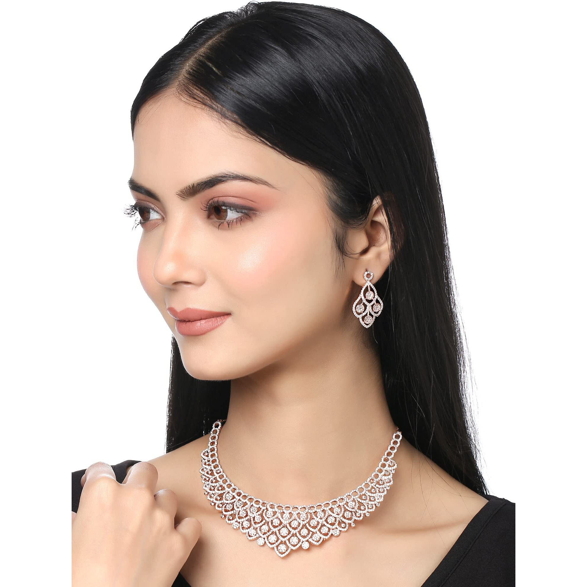Yellow Chimes American Diamond Necklace Set For Women | White Stone Rose Gold Jewellery Set For Women | Diamond Necklace Set | Birthday Gift for Girls Anniversary Gift for Wife