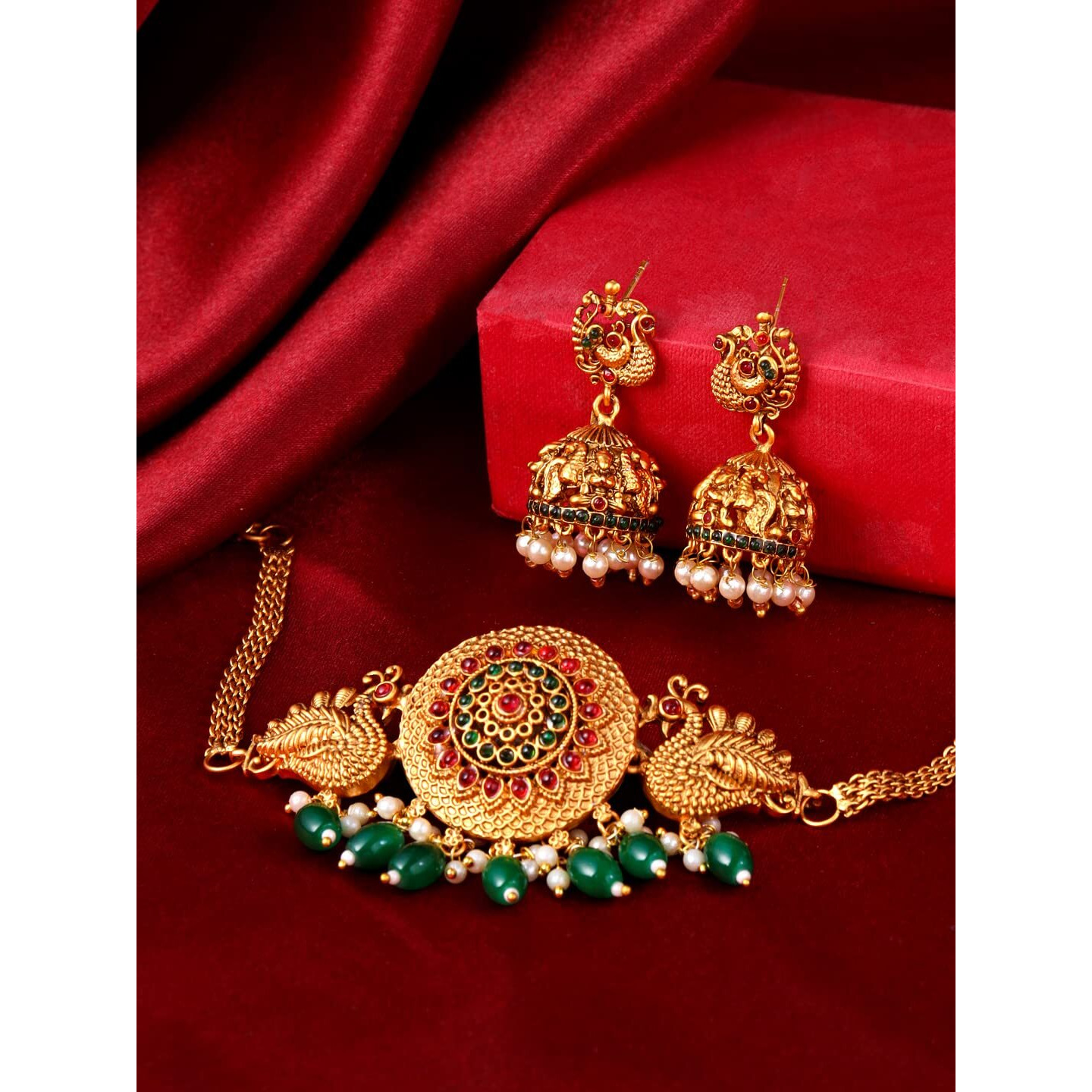 Yellow Chimes Jewellery Set for Women Gold Plated Green Beads Drop Peacock Designed Bridal Choker Necklace Set for Women and Girls