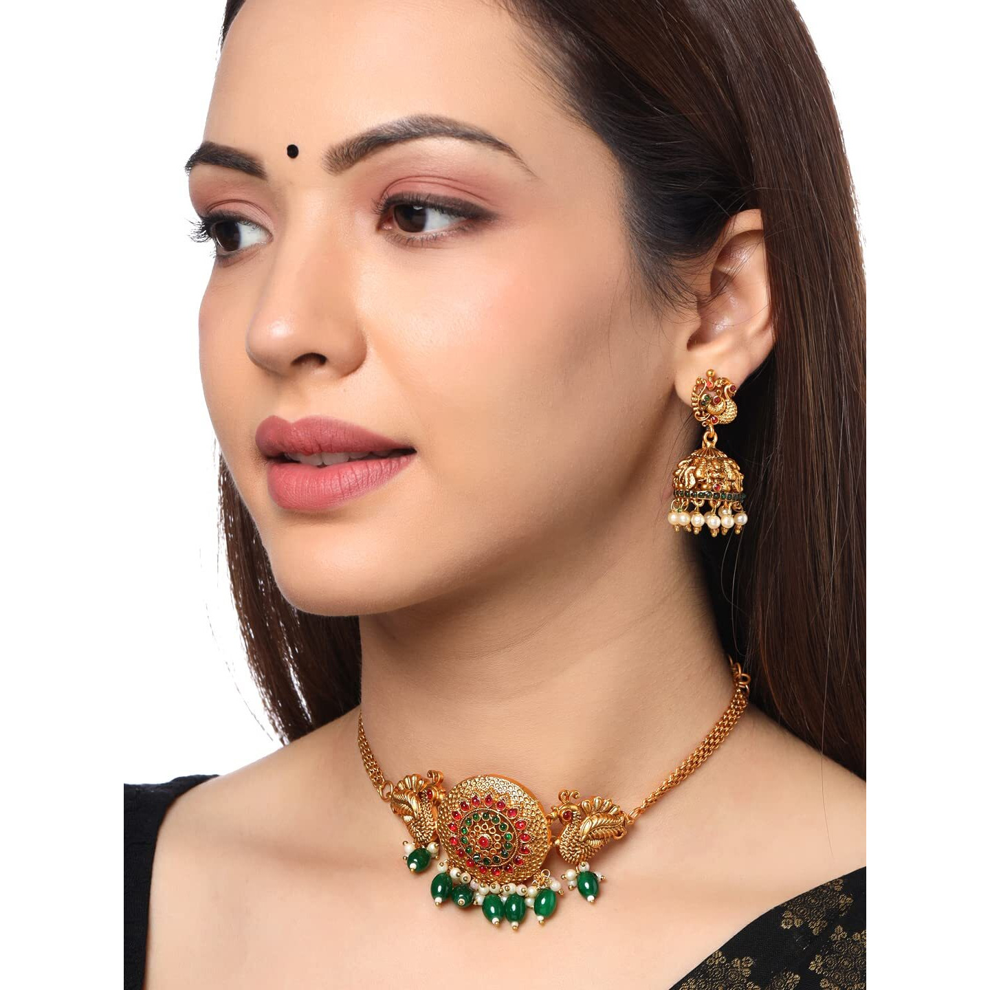 Yellow Chimes Jewellery Set for Women Gold Plated Green Beads Drop Peacock Designed Bridal Choker Necklace Set for Women and Girls