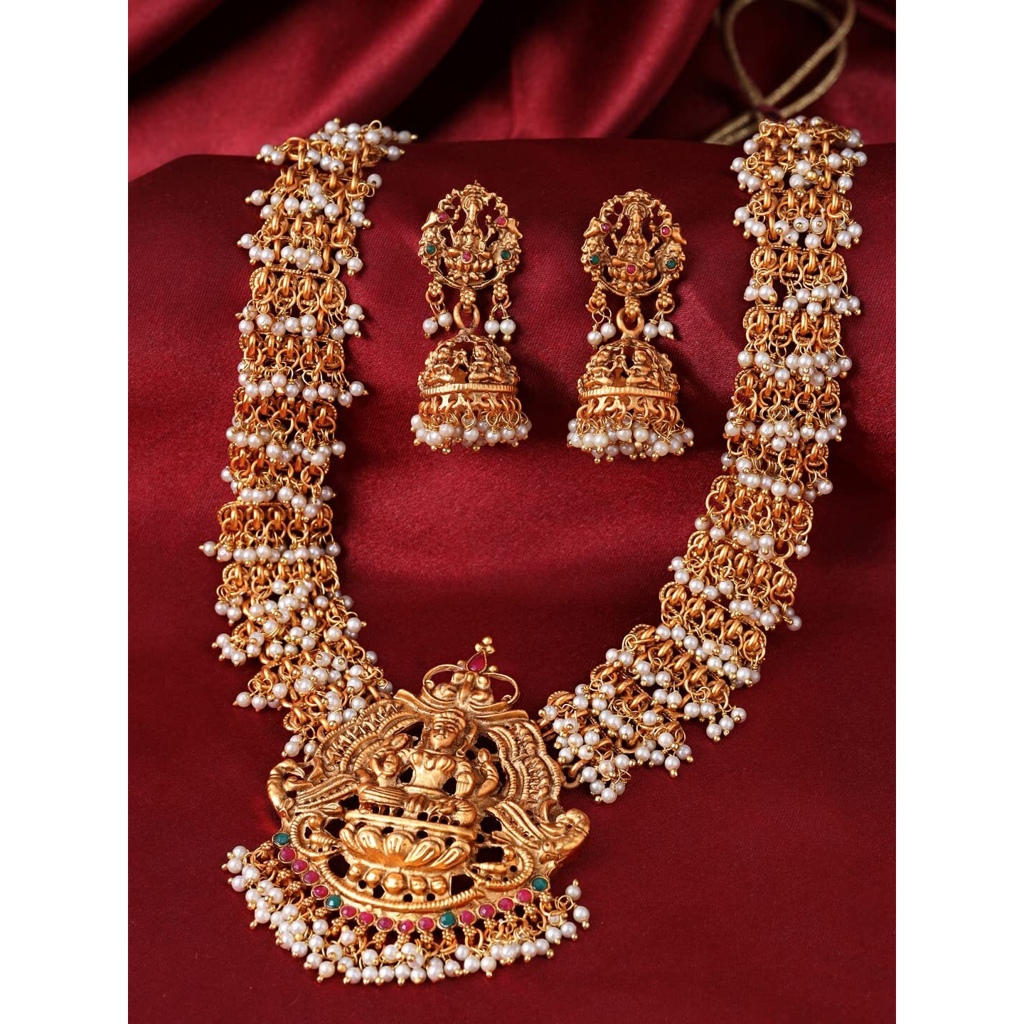 Yellow Chimes Womens Temple Traditional Gold Plated Hanging Pearls Choker Necklace Set