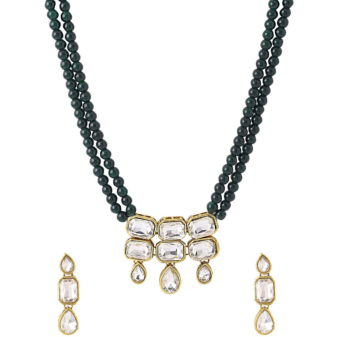 Yellow Chimes Jewellery Set for Women and Girls Traditional Green Beads Kundans Necklaces Set | Birthday Gift for girls and women Anniversary Gift for Wife