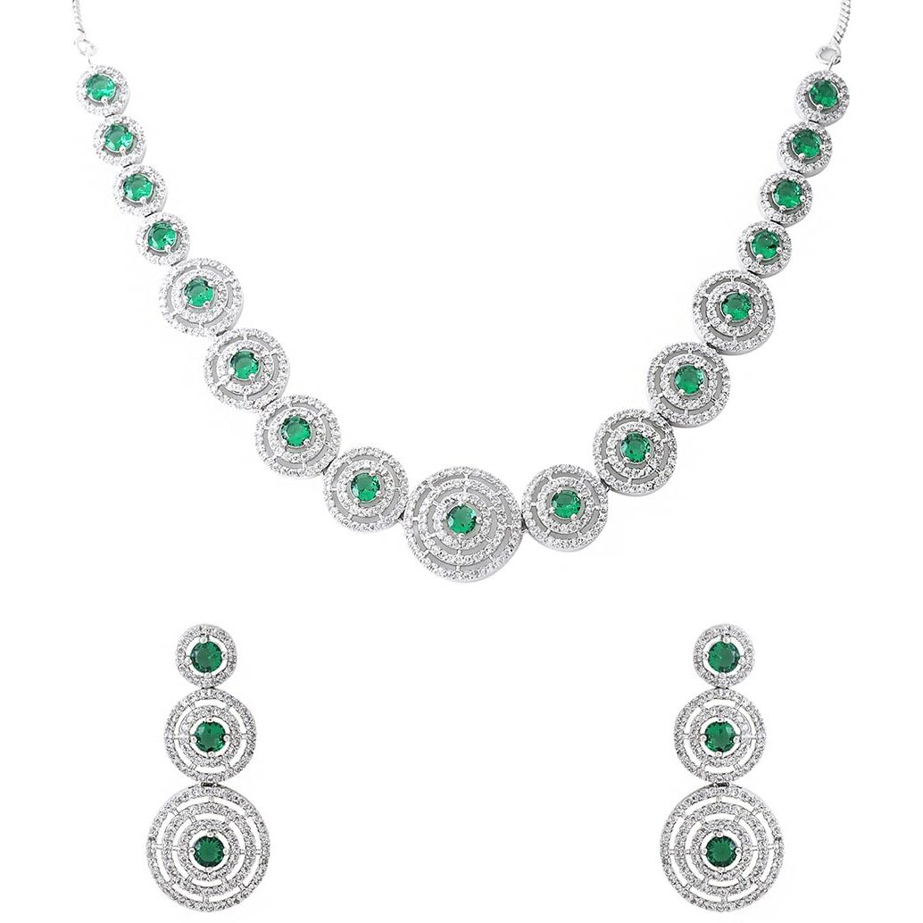 Yellow Chimes American Diamond Necklace Set For Women | Green Stone Silver Jewellery Set For Women | Diamond Necklace Set | Birthday Gift for Girls Anniversary Gift for Wife