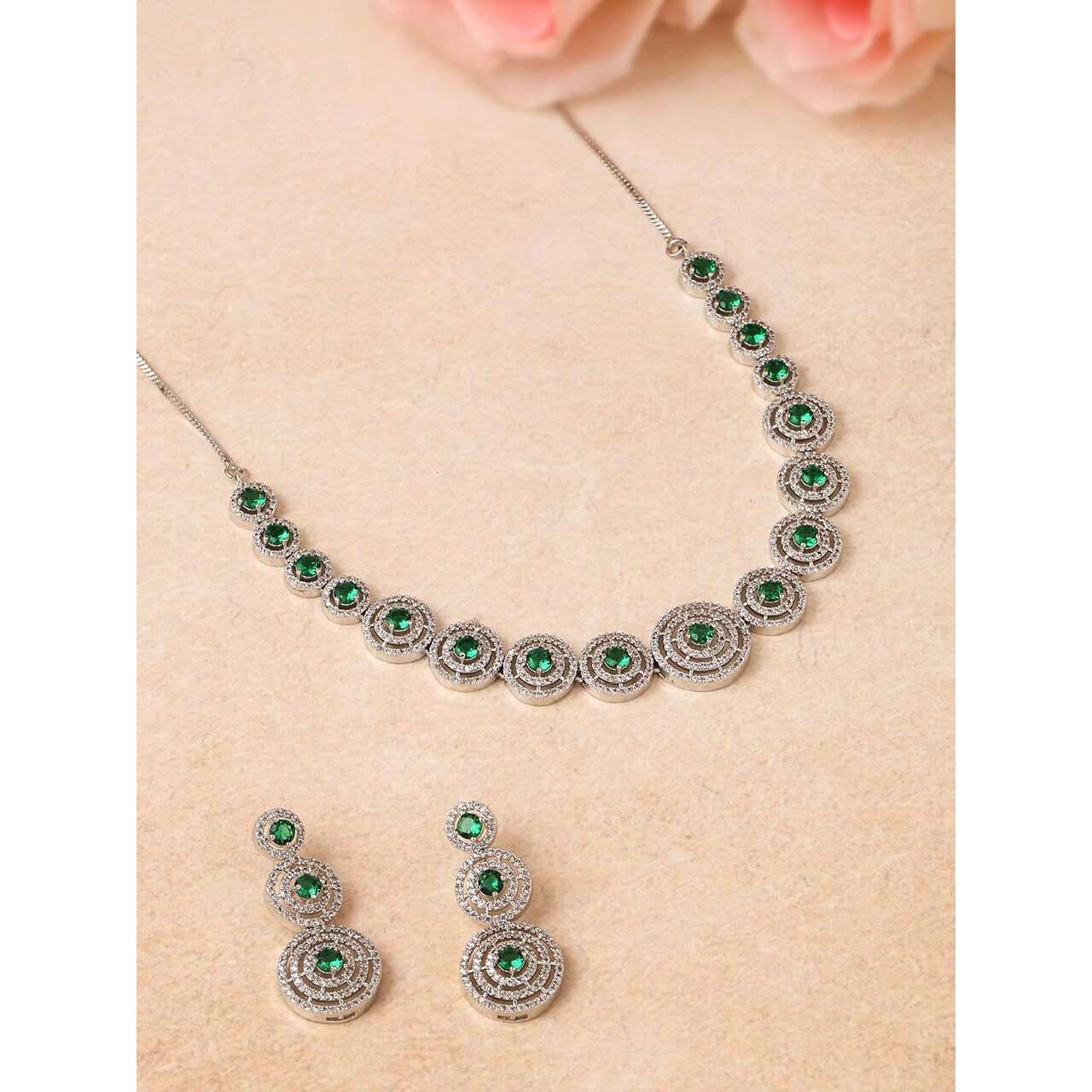 Yellow Chimes American Diamond Necklace Set For Women | Green Stone Silver Jewellery Set For Women | Diamond Necklace Set | Birthday Gift for Girls Anniversary Gift for Wife