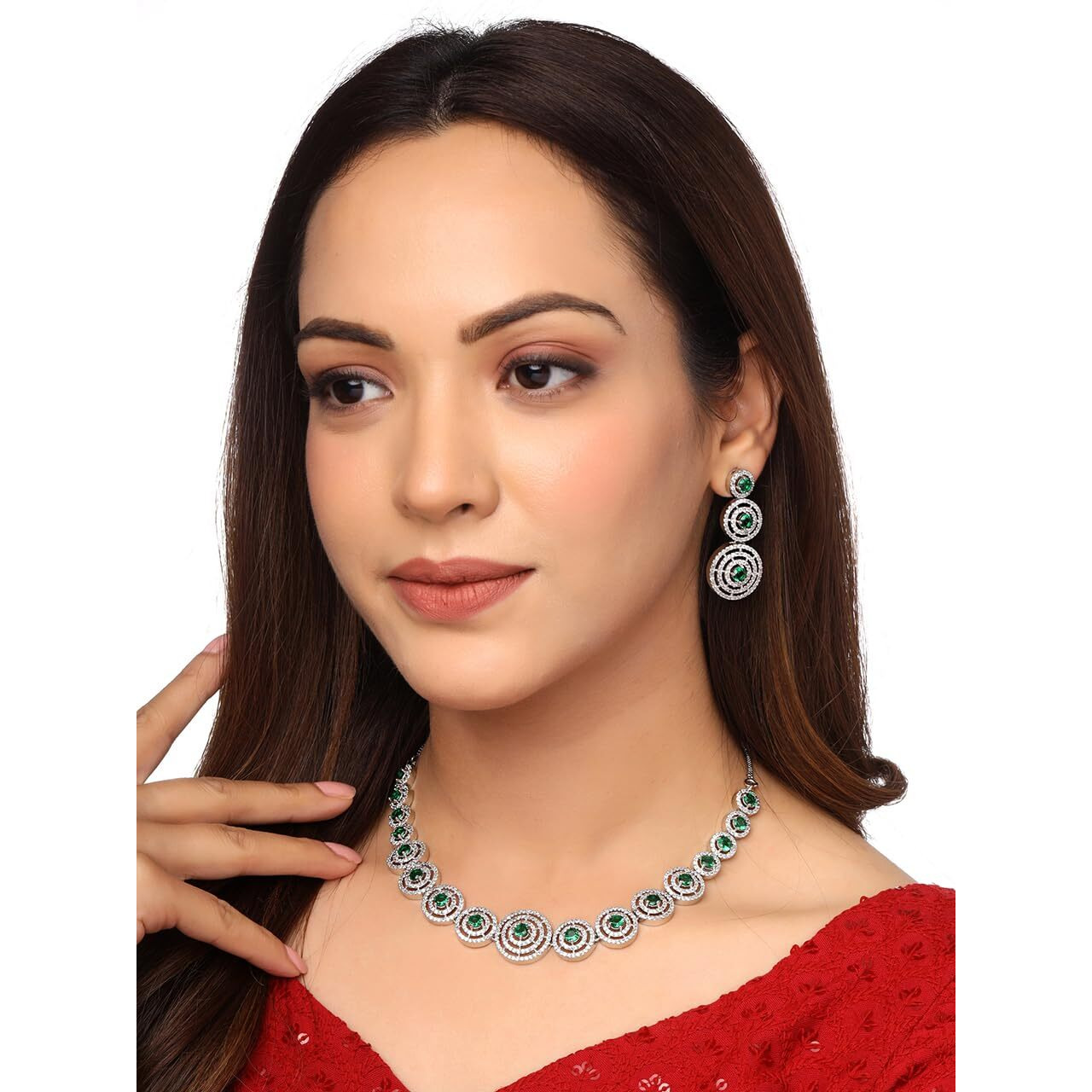 Yellow Chimes American Diamond Necklace Set For Women | Green Stone Silver Jewellery Set For Women | Diamond Necklace Set | Birthday Gift for Girls Anniversary Gift for Wife
