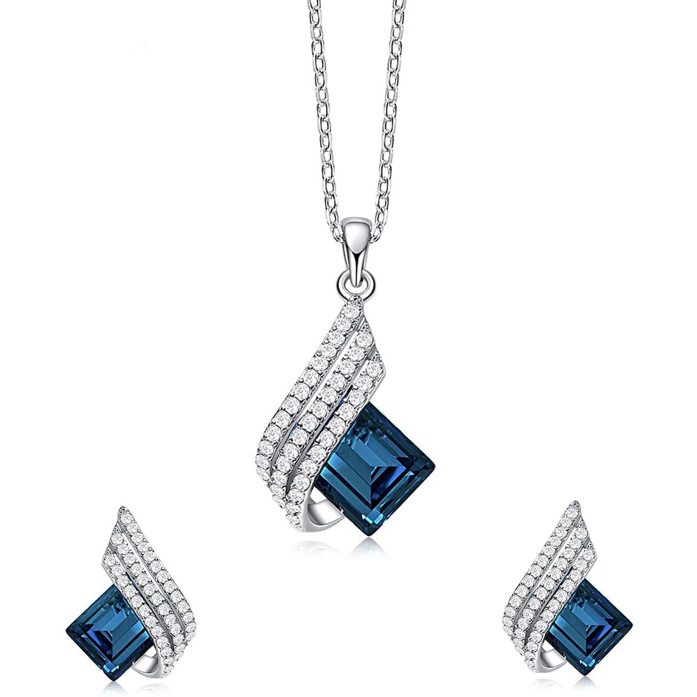 Yellow Chimes Pendant Set for Women and Girls Blue Crystal Pendant Set For Women | Silver Toned Pendant With Earrings Set for Girls | Birthday Gifts For Women Valentine Gift for Girls