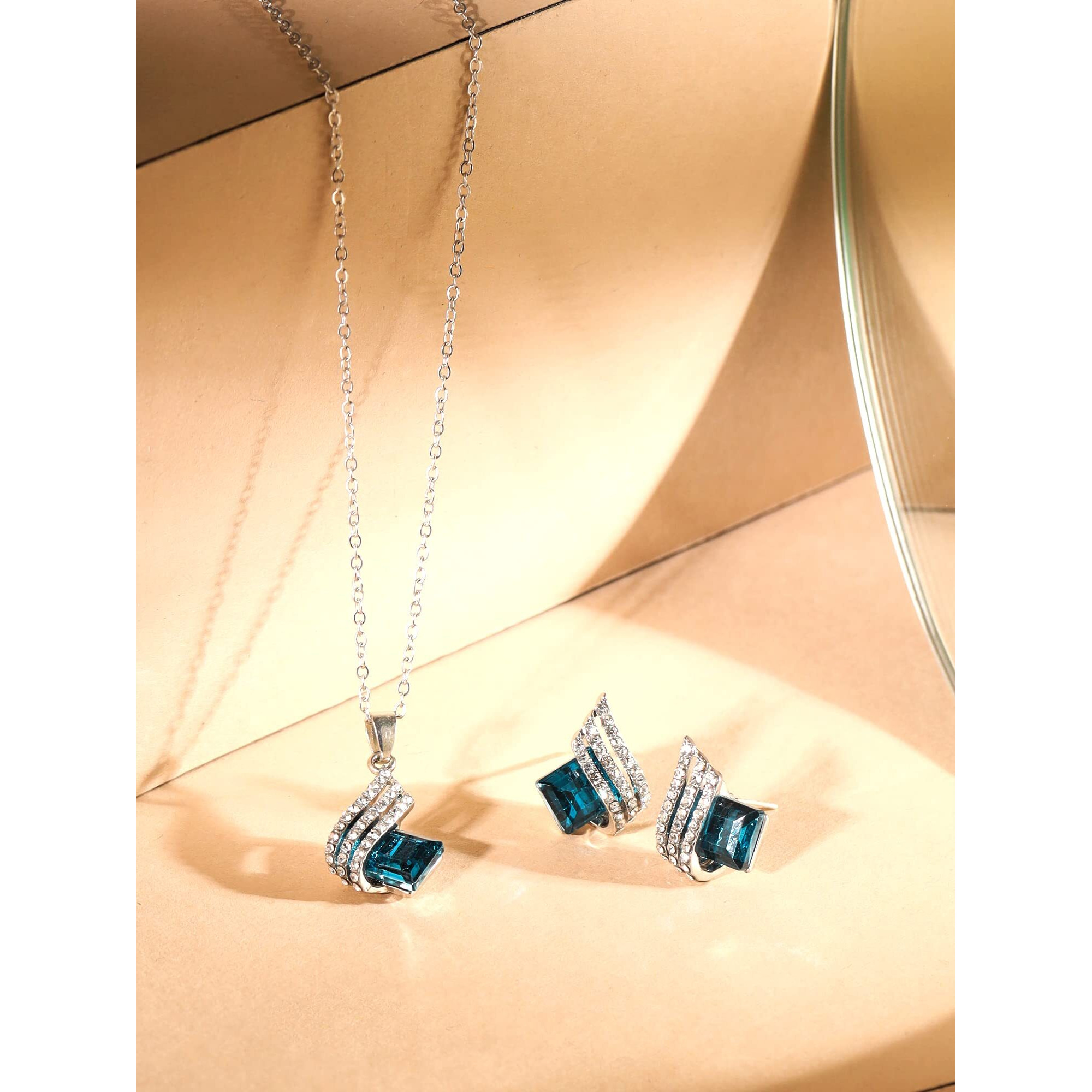 Yellow Chimes Pendant Set for Women and Girls Blue Crystal Pendant Set For Women | Silver Toned Pendant With Earrings Set for Girls | Birthday Gifts For Women Valentine Gift for Girls