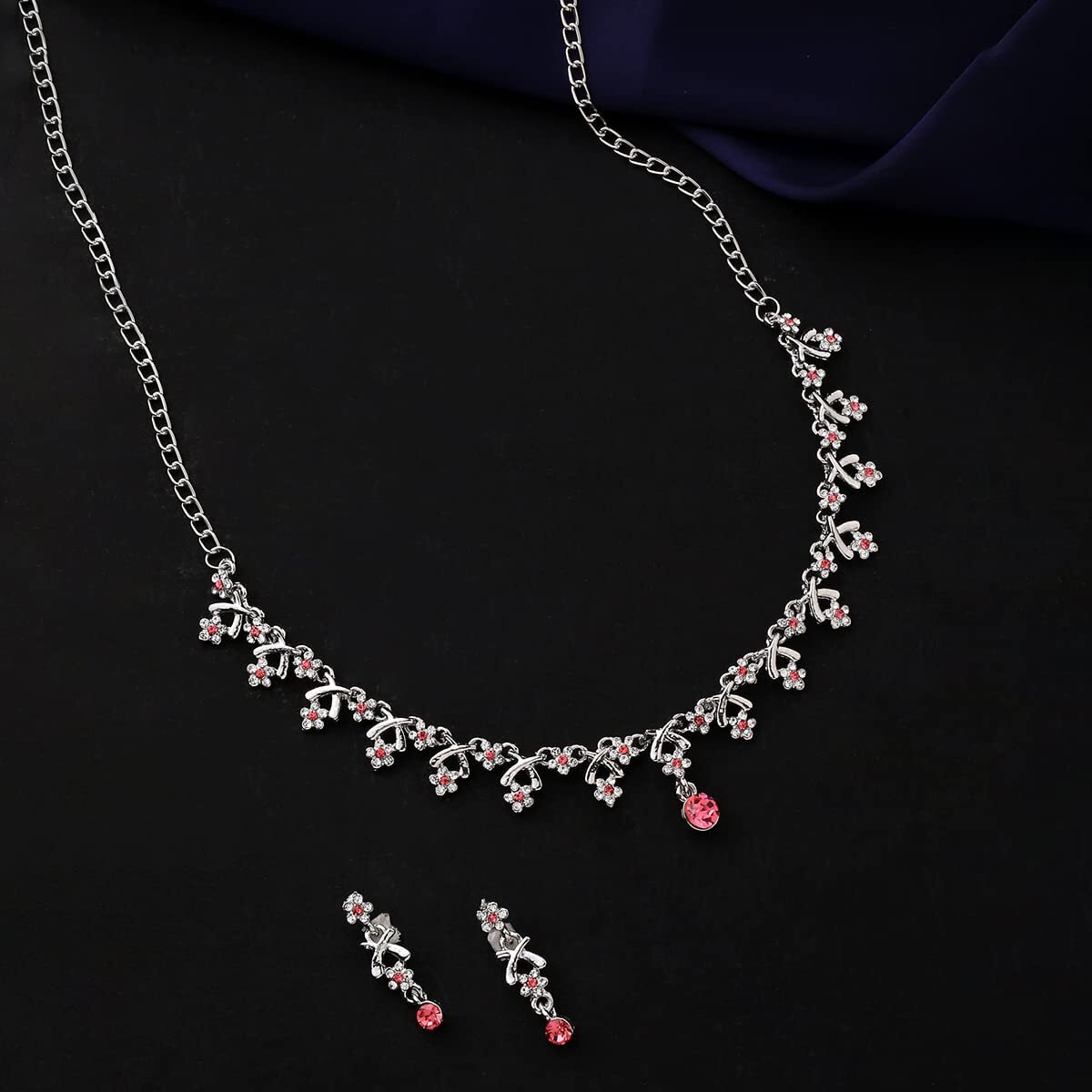 Yellow Chimes Jewellery Set for Women and Girls Crystal Jewellery Set for Women| Silver Tone White and Pink Crystal Choker Necklace Set | Birthday Gift For Women Valentine Gift for Girls