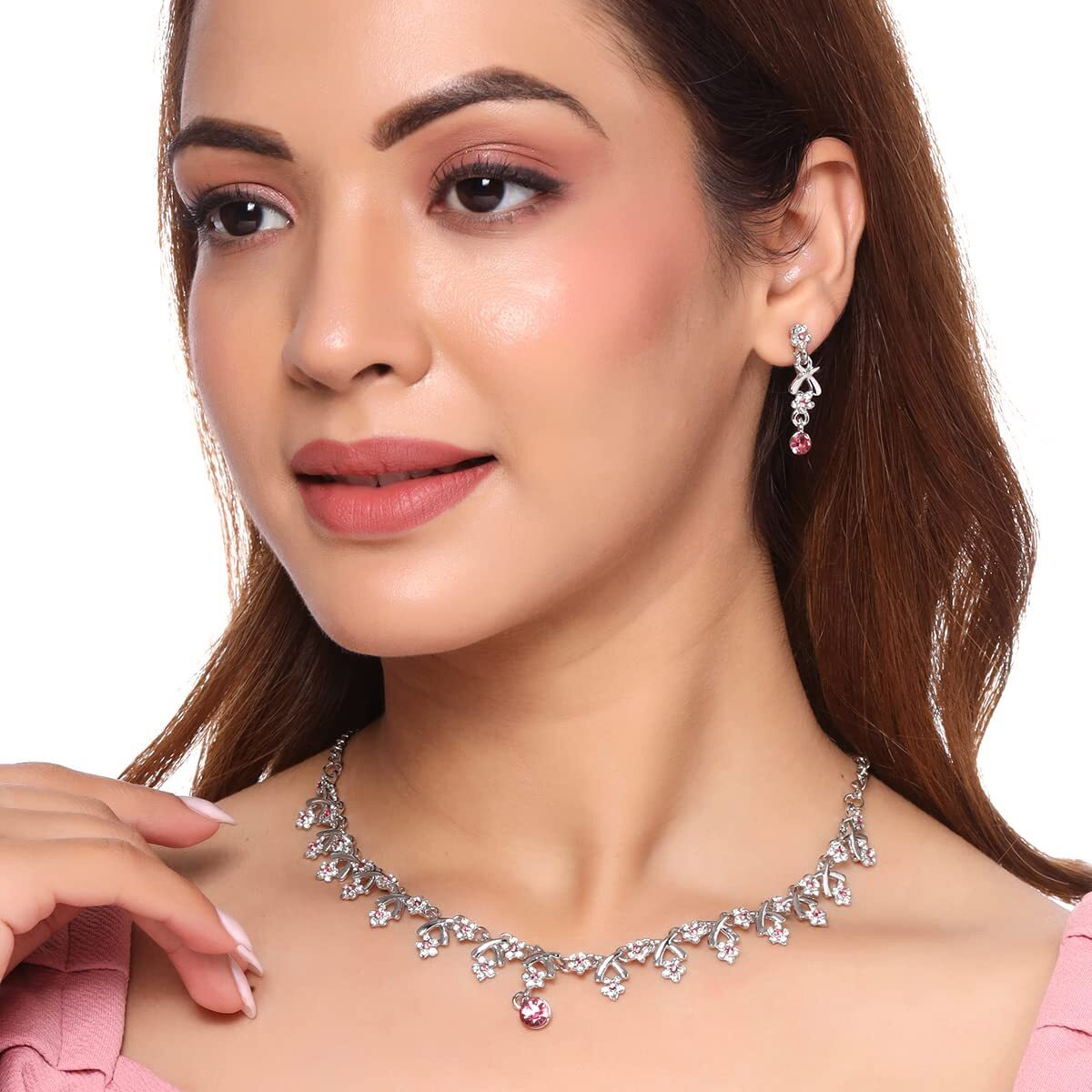 Yellow Chimes Jewellery Set for Women and Girls Crystal Jewellery Set for Women| Silver Tone White and Pink Crystal Choker Necklace Set | Birthday Gift For Women Valentine Gift for Girls