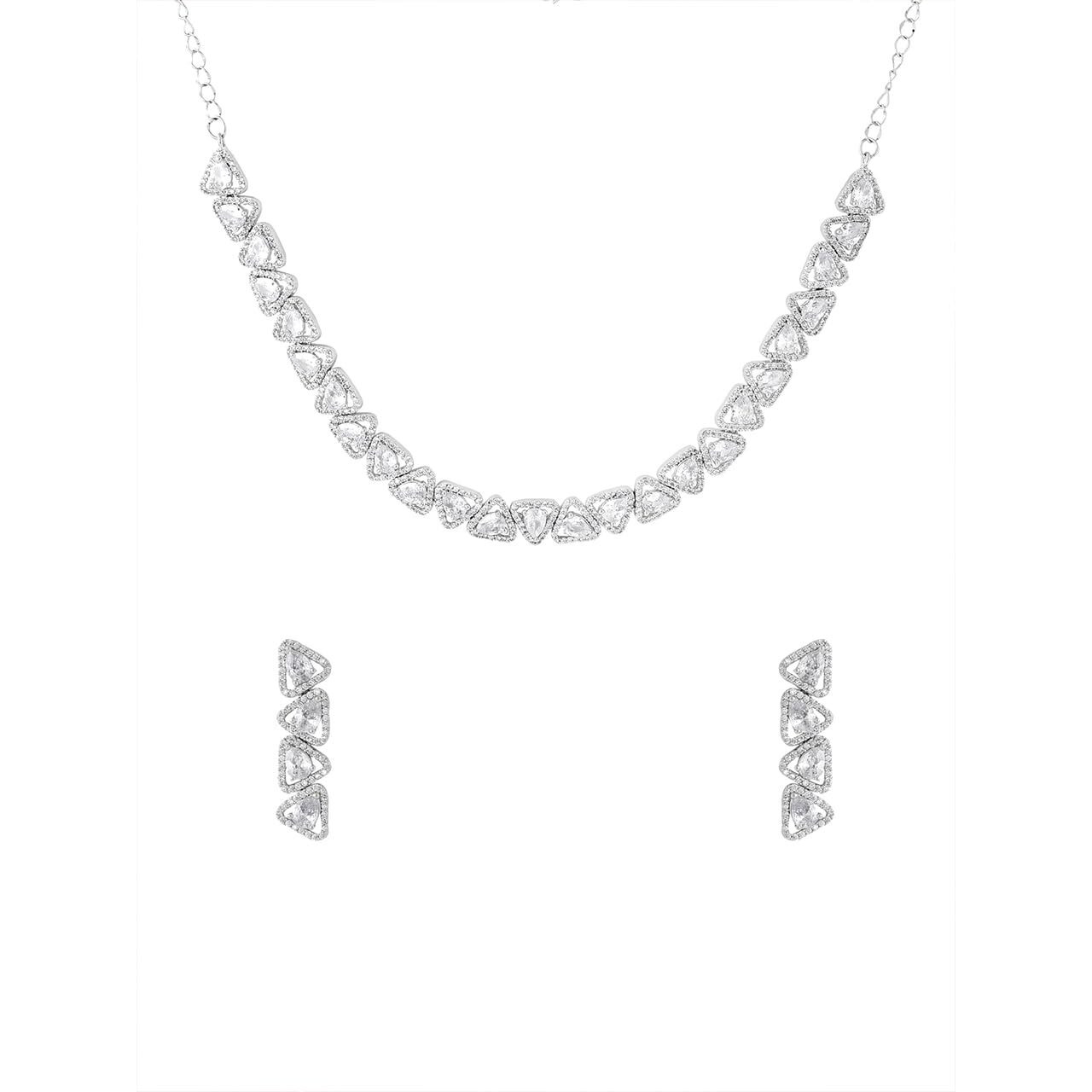 Yellow Chimes American Diamond Necklace Set For Women | White Stone Silver Jewellery Set For Women | Diamond Necklace Set | Birthday Gift for Girls Anniversary Gift for Wife