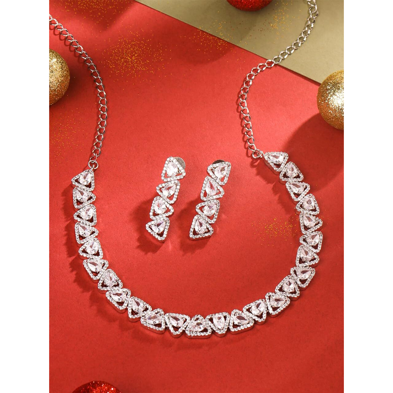 Yellow Chimes American Diamond Necklace Set For Women | White Stone Silver Jewellery Set For Women | Diamond Necklace Set | Birthday Gift for Girls Anniversary Gift for Wife