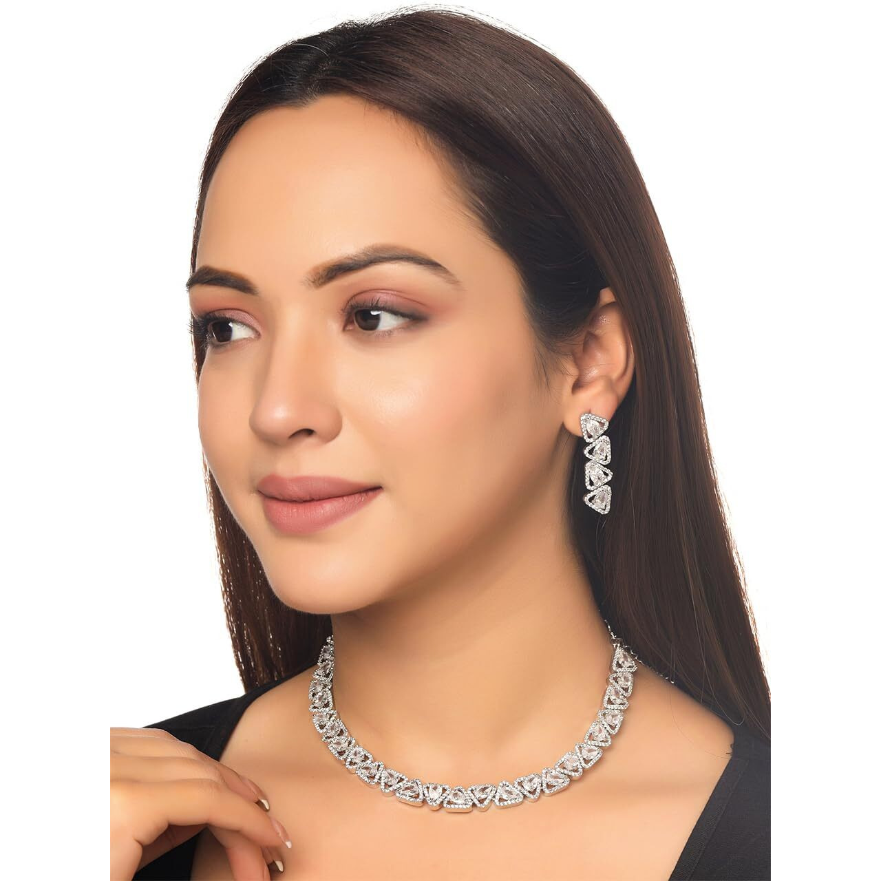 Yellow Chimes American Diamond Necklace Set For Women | White Stone Silver Jewellery Set For Women | Diamond Necklace Set | Birthday Gift for Girls Anniversary Gift for Wife