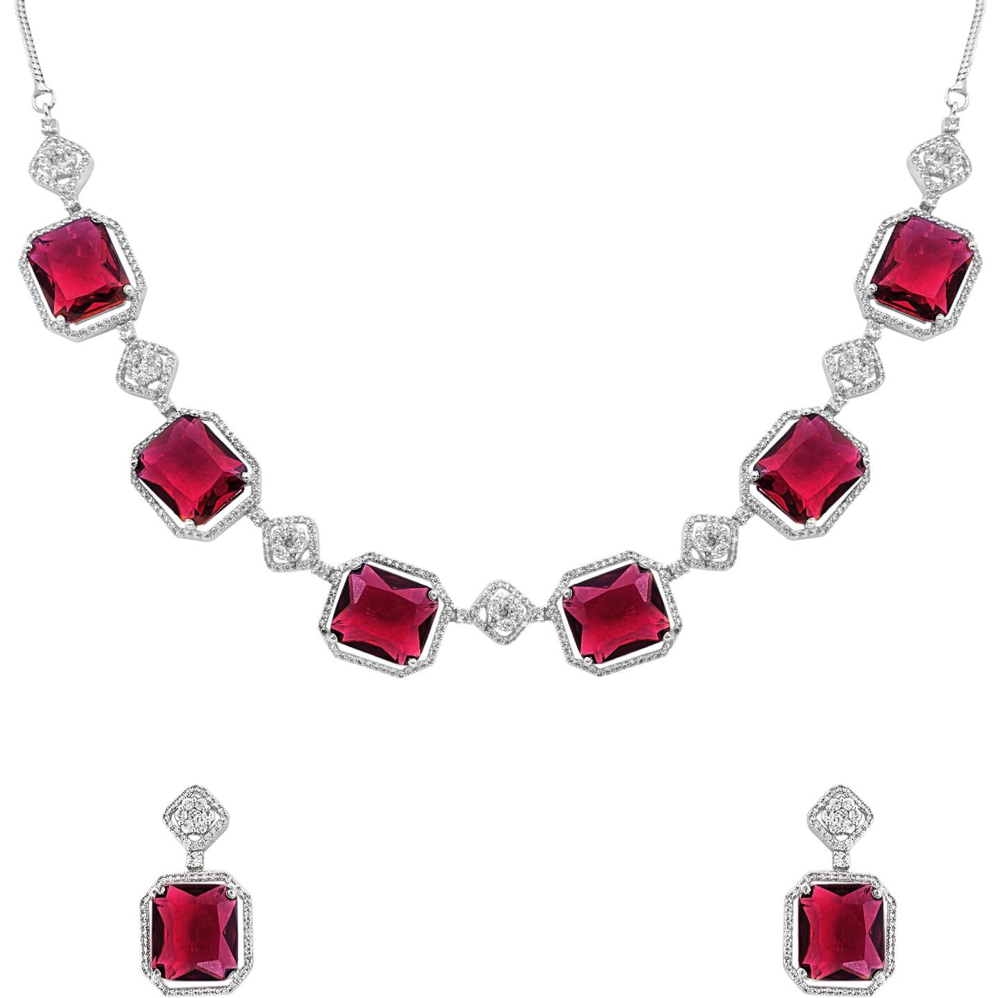 Yellow Chimes American Diamond Necklace Set For Women | Red Stone Silver Jewellery Set For Women | Diamond Necklace Set | Birthday Gift for Girls Anniversary Gift for Wife