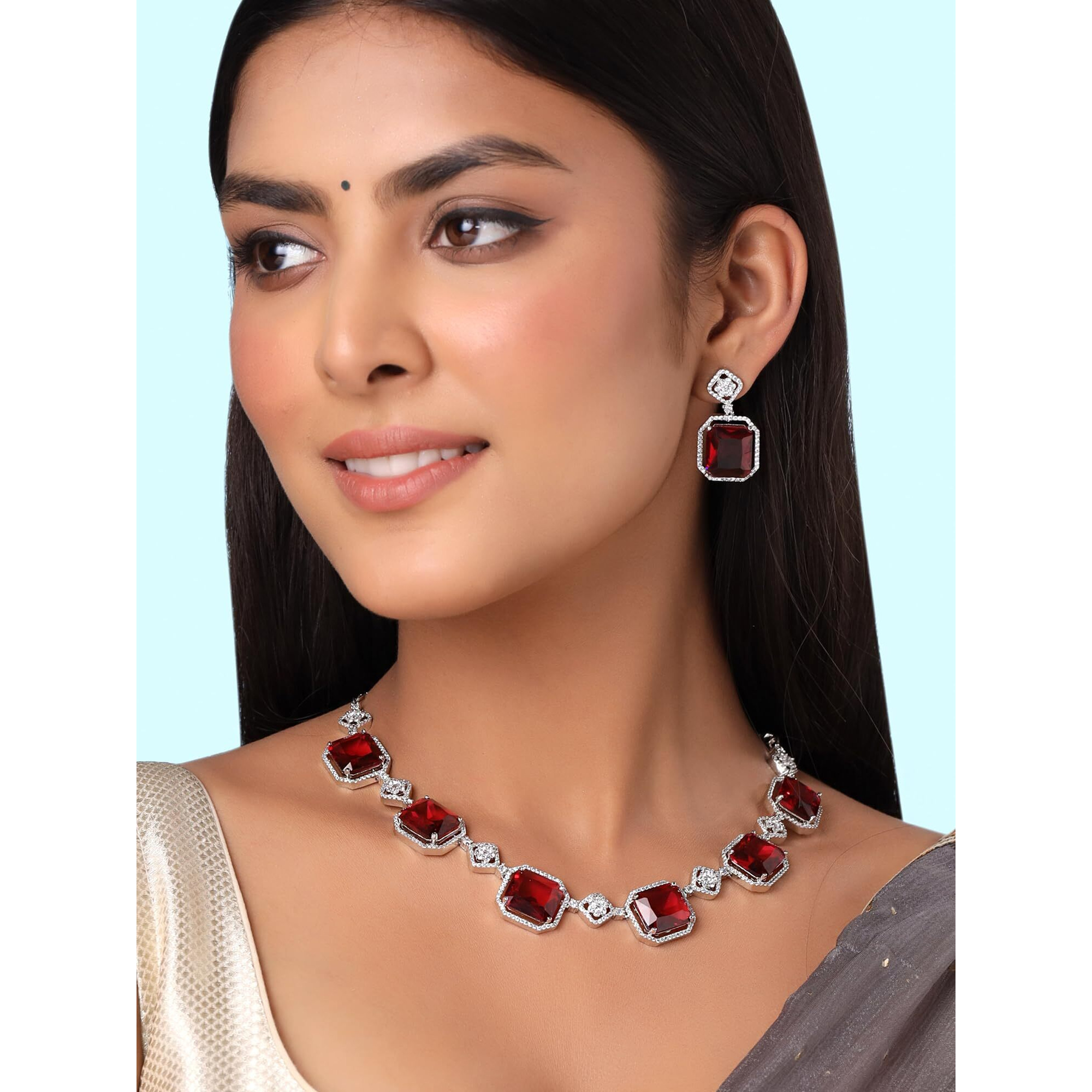Yellow Chimes American Diamond Necklace Set For Women | Red Stone Silver Jewellery Set For Women | Diamond Necklace Set | Birthday Gift for Girls Anniversary Gift for Wife