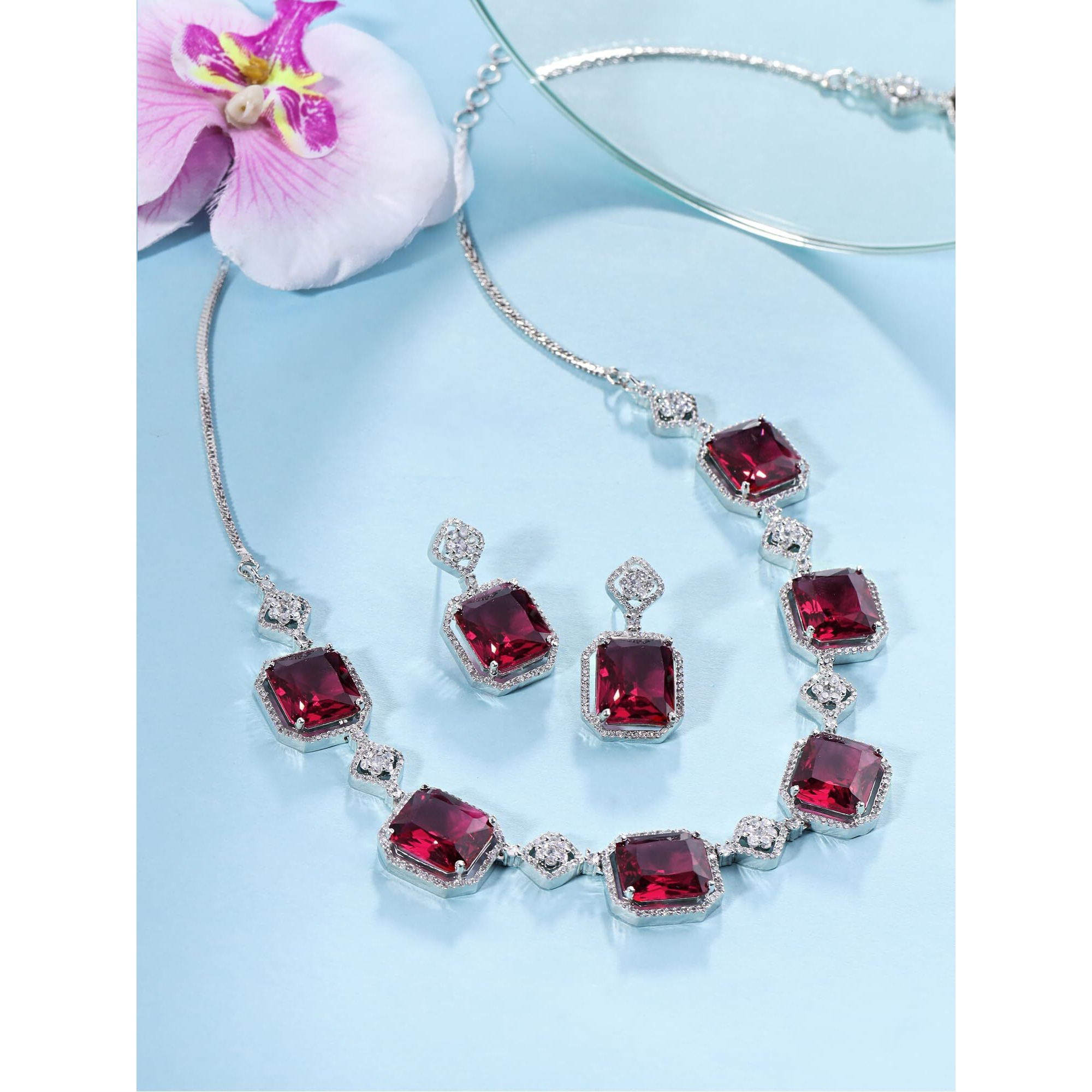 Yellow Chimes American Diamond Necklace Set For Women | Red Stone Silver Jewellery Set For Women | Diamond Necklace Set | Birthday Gift for Girls Anniversary Gift for Wife