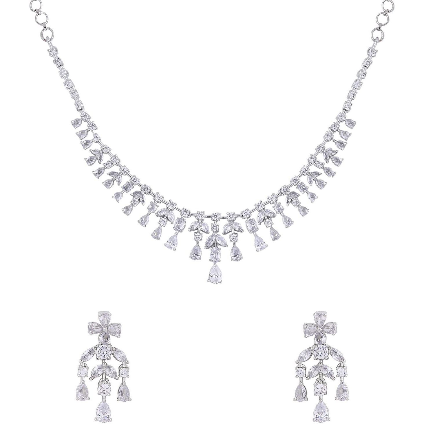 Yellow Chimes American Diamond Necklace Set For Women | White Stone Silver Jewellery Set For Women | Diamond Necklace Set | Birthday Gift for Girls Anniversary Gift for Wife
