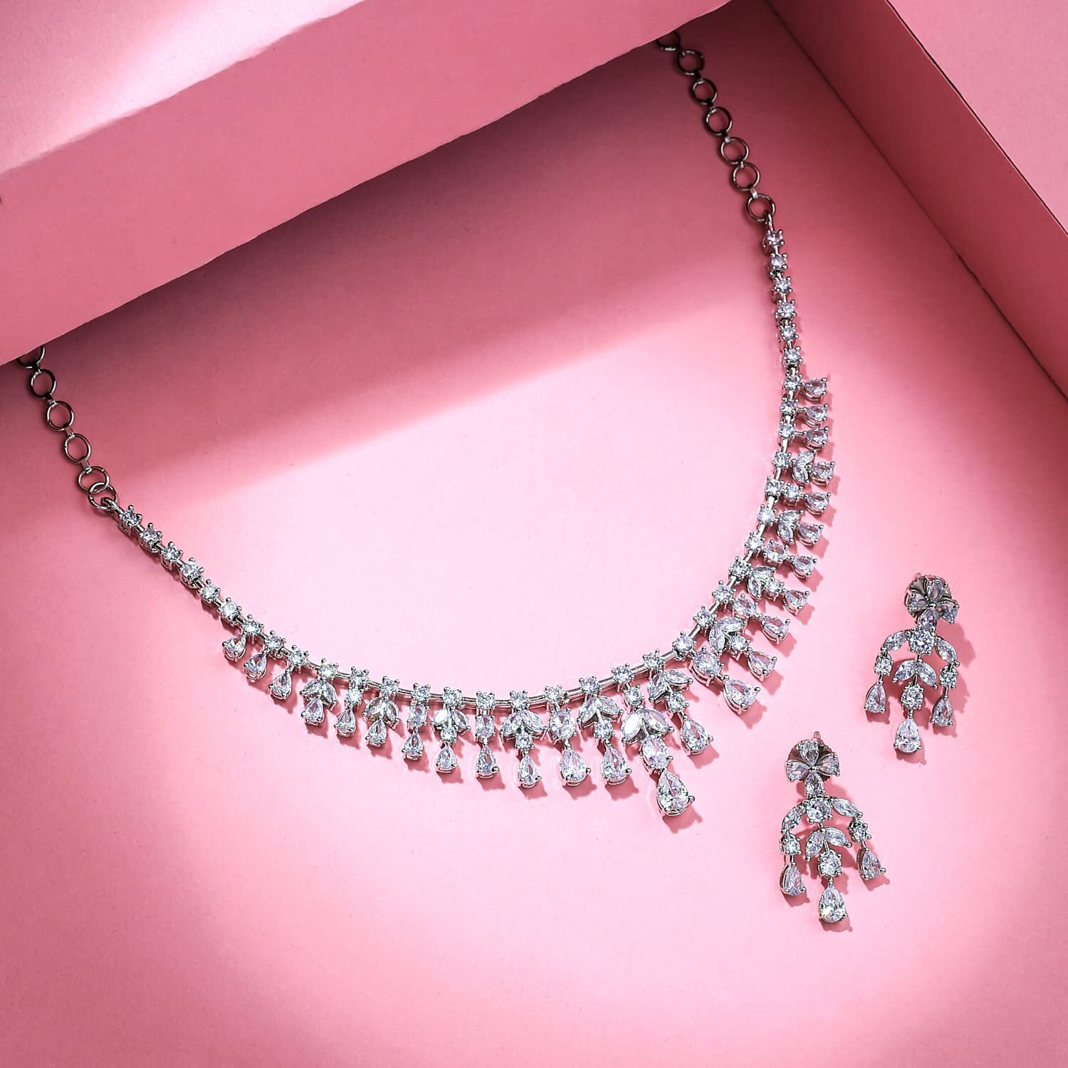 Yellow Chimes American Diamond Necklace Set For Women | White Stone Silver Jewellery Set For Women | Diamond Necklace Set | Birthday Gift for Girls Anniversary Gift for Wife
