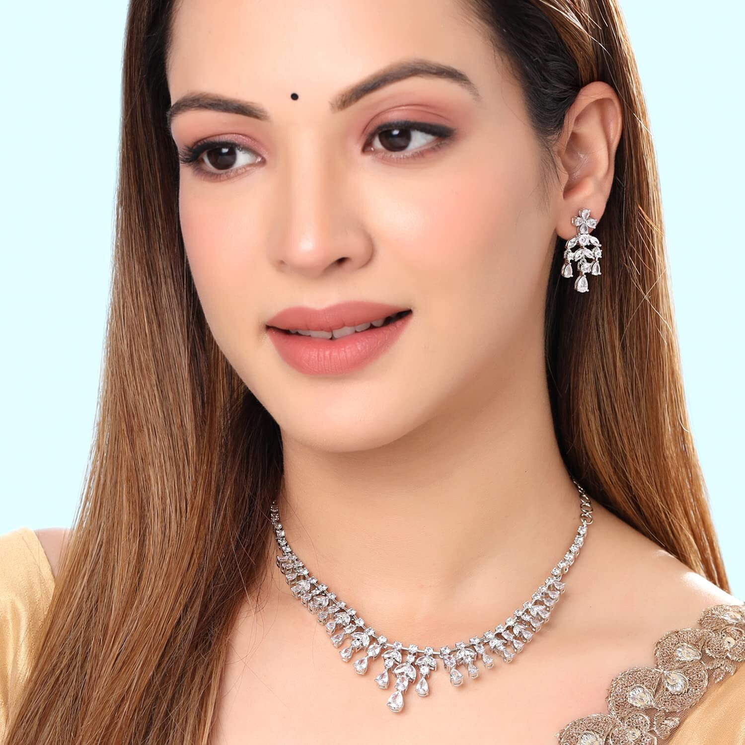 Yellow Chimes American Diamond Necklace Set For Women | White Stone Silver Jewellery Set For Women | Diamond Necklace Set | Birthday Gift for Girls Anniversary Gift for Wife