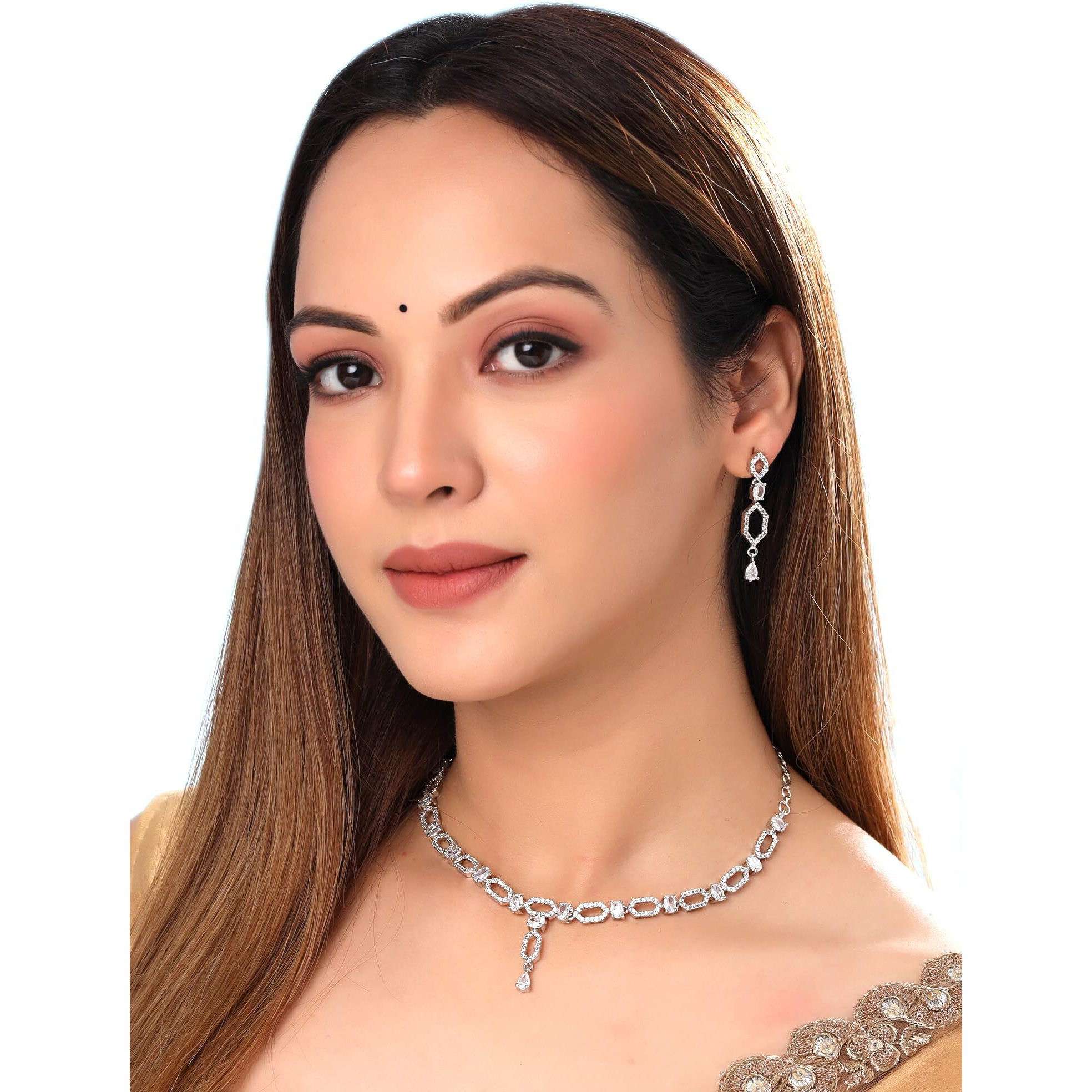 Yellow Chimes Jewellery Set for Women and Girls Traditional American Diamond Jewellery Set | Rosegold Plated AD Necklace Set for Women | Birthday Anniversary Gift for Girls & Women (Style 4)