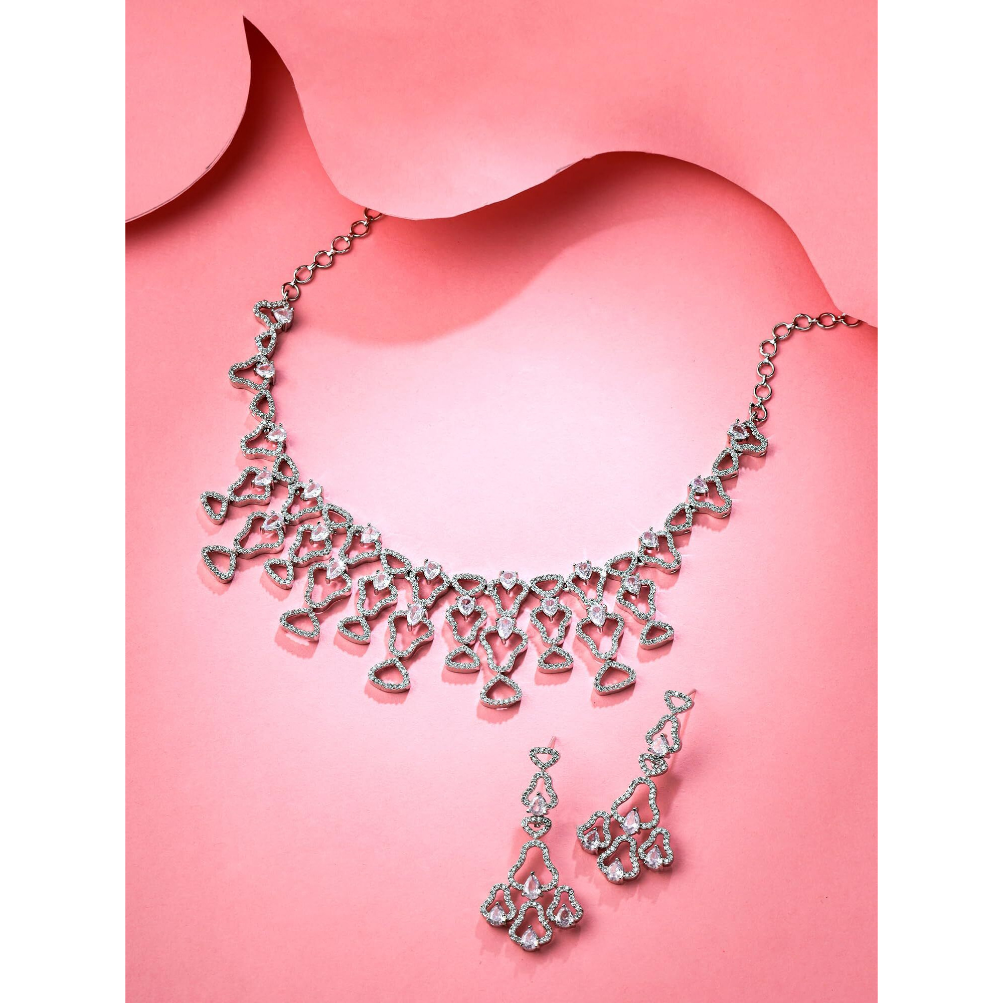 Yellow Chimes American Diamond Necklace Set For Women | White Stone Silver Jewellery Set For Women | Diamond Necklace Set | Birthday Gift for Girls Anniversary Gift for Wife