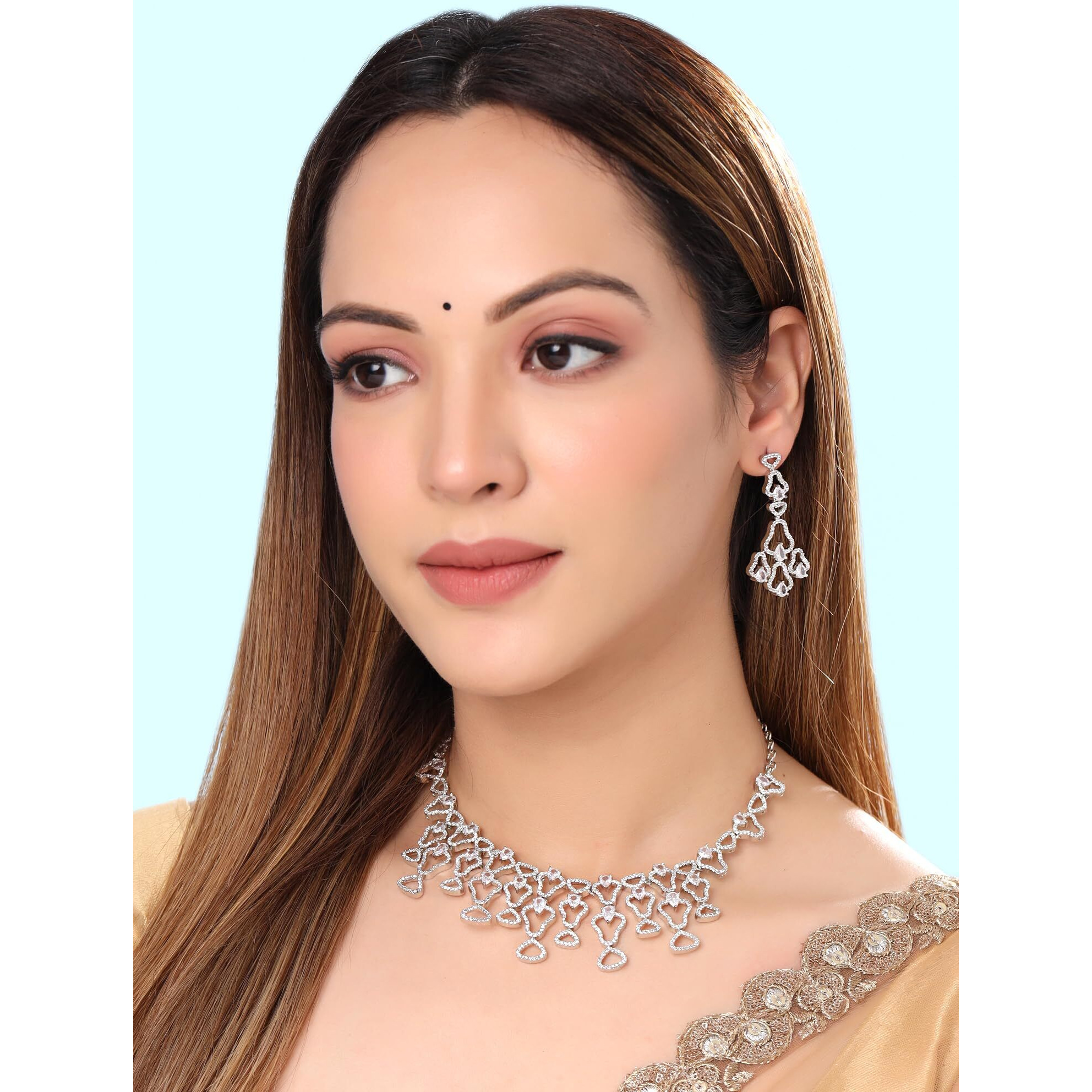 Yellow Chimes American Diamond Necklace Set For Women | White Stone Silver Jewellery Set For Women | Diamond Necklace Set | Birthday Gift for Girls Anniversary Gift for Wife