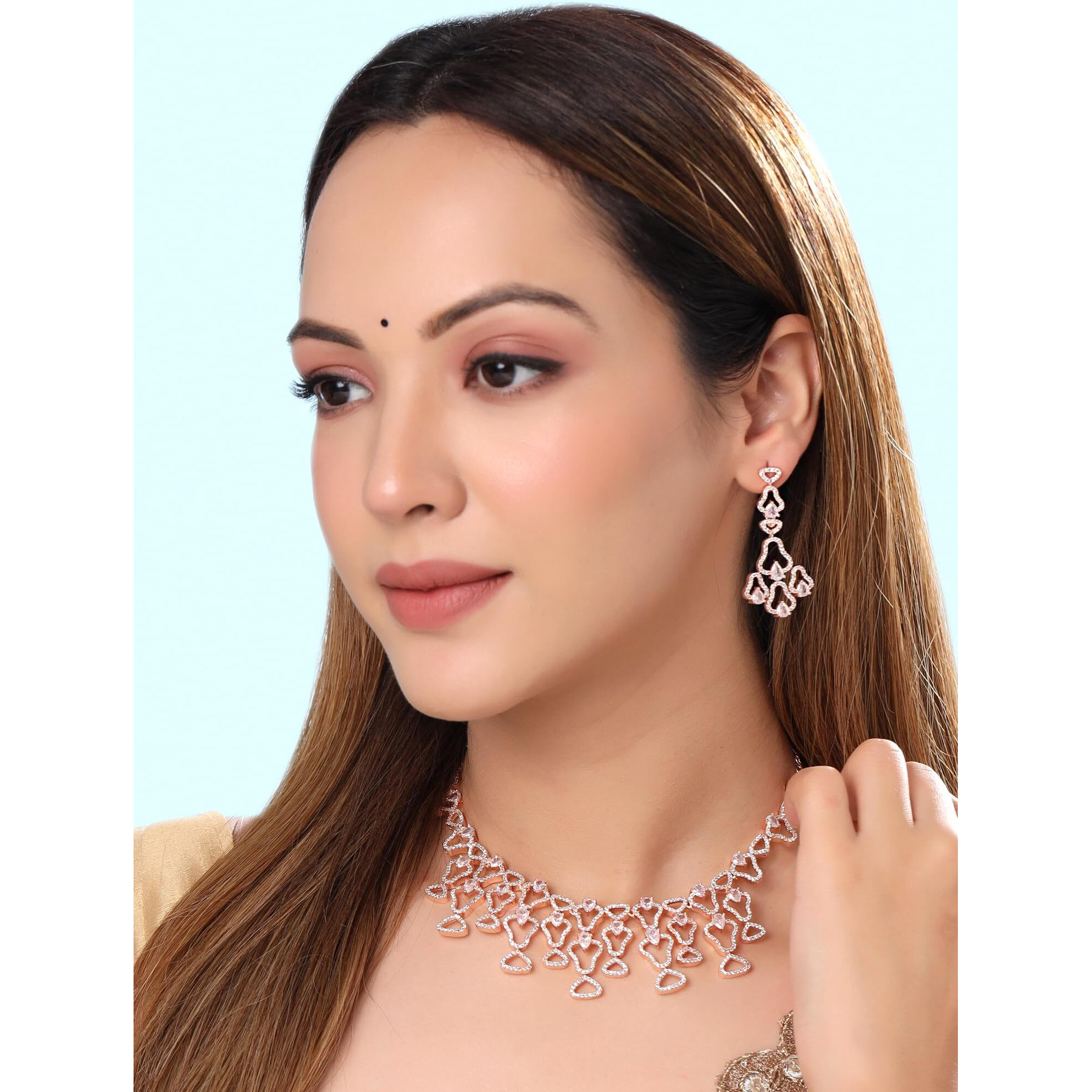 Yellow Chimes American Diamond Necklace Set For Women | White Stone Rose Gold Jewellery Set For Women | Diamond Necklace Set | Birthday Gift for Girls Anniversary Gift for Wife