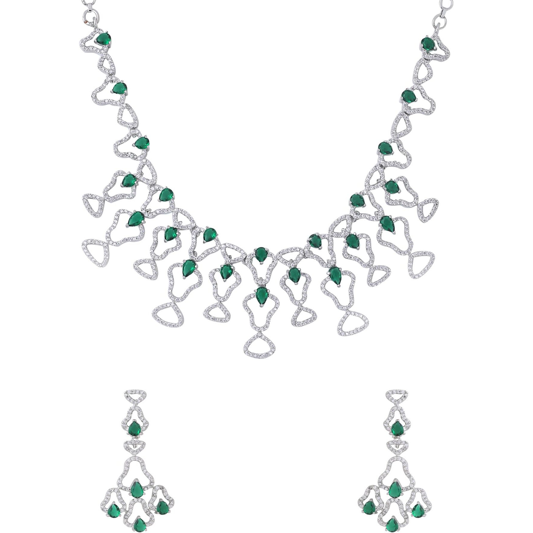 Yellow Chimes American Diamond Necklace Set For Women | Green Stone Silver Jewellery Set For Women | Diamond Necklace Set | Birthday Gift for Girls Anniversary Gift for Wife