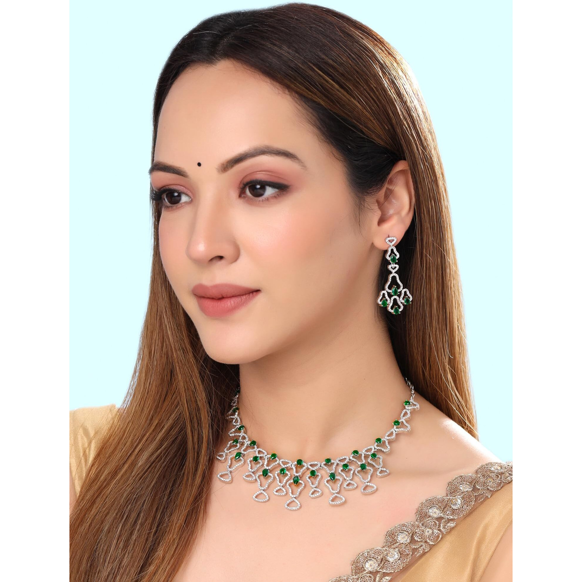 Yellow Chimes American Diamond Necklace Set For Women | Green Stone Silver Jewellery Set For Women | Diamond Necklace Set | Birthday Gift for Girls Anniversary Gift for Wife