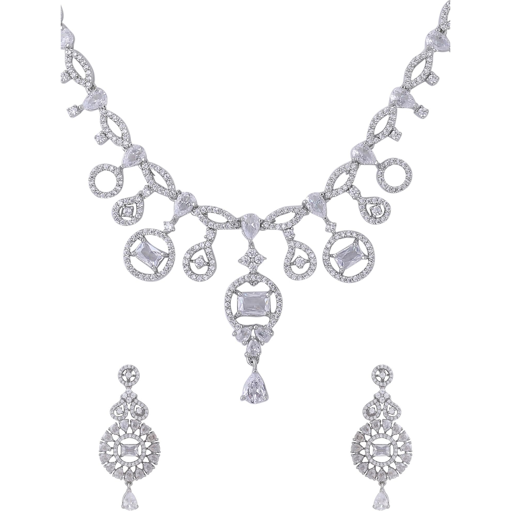 Yellow Chimes American Diamond Necklace Set For Women | White Stone Silver Jewellery Set For Women | Diamond Necklace Set | Birthday Gift for Girls Anniversary Gift for Wife