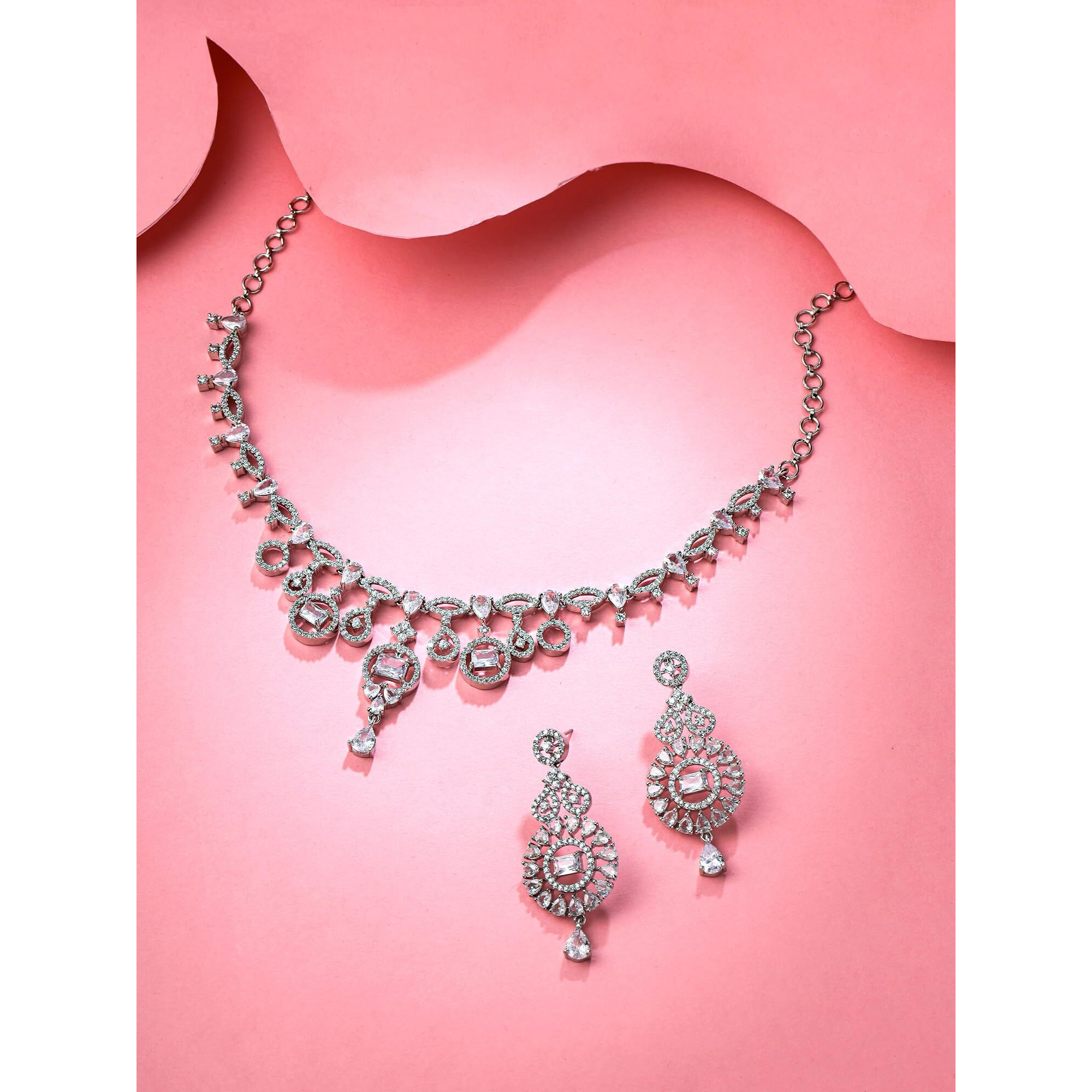 Yellow Chimes American Diamond Necklace Set For Women | White Stone Silver Jewellery Set For Women | Diamond Necklace Set | Birthday Gift for Girls Anniversary Gift for Wife