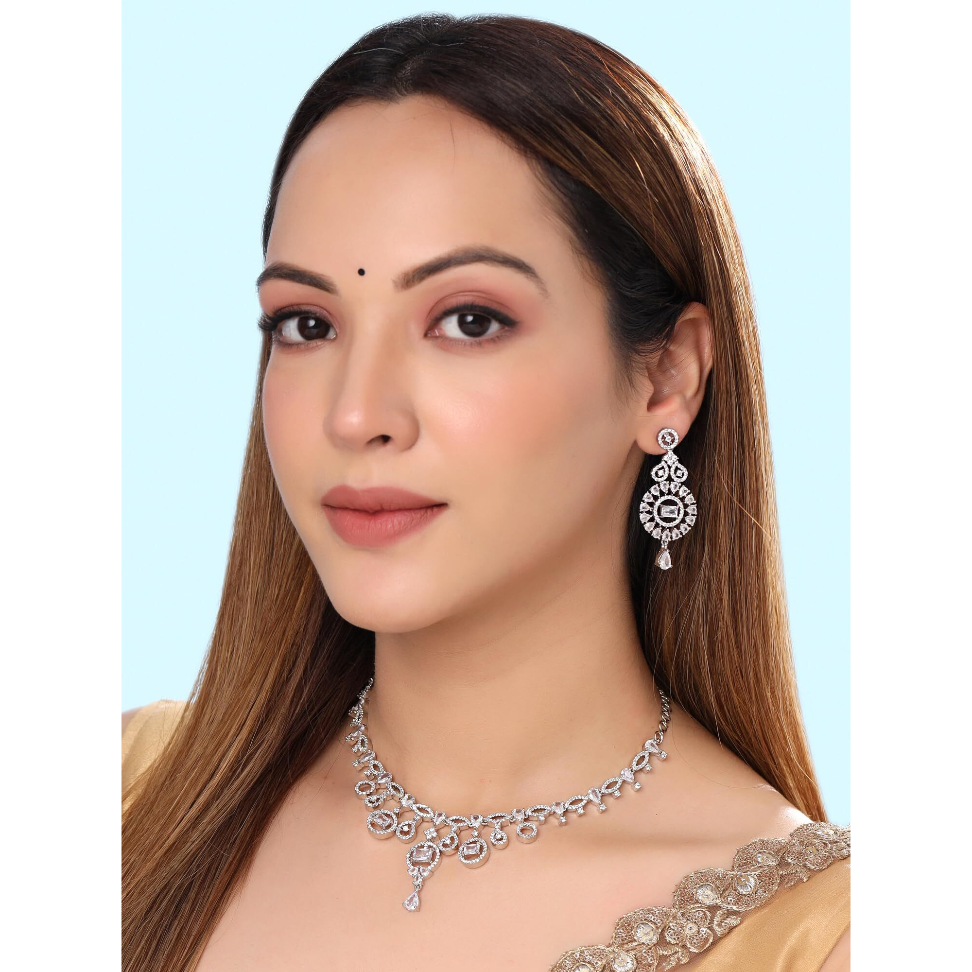 Yellow Chimes American Diamond Necklace Set For Women | White Stone Silver Jewellery Set For Women | Diamond Necklace Set | Birthday Gift for Girls Anniversary Gift for Wife