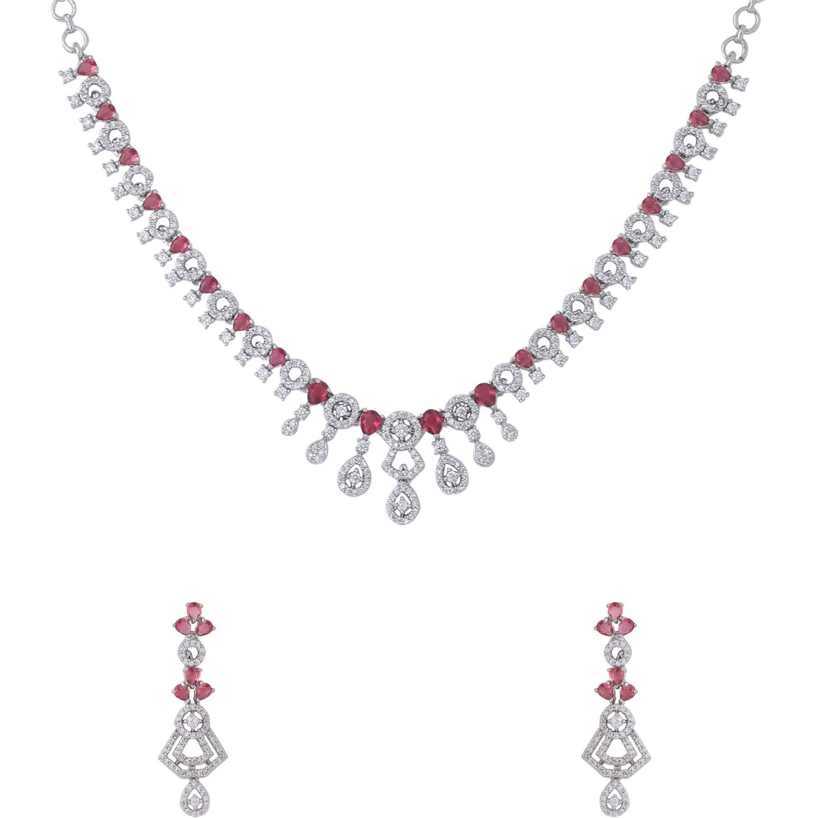 Yellow Chimes American Diamond Necklace Set For Women | Pink & White Stone Silver Jewellery Set For Women | Diamond Necklace Set | Birthday Gift for Girls Anniversary Gift for Wife