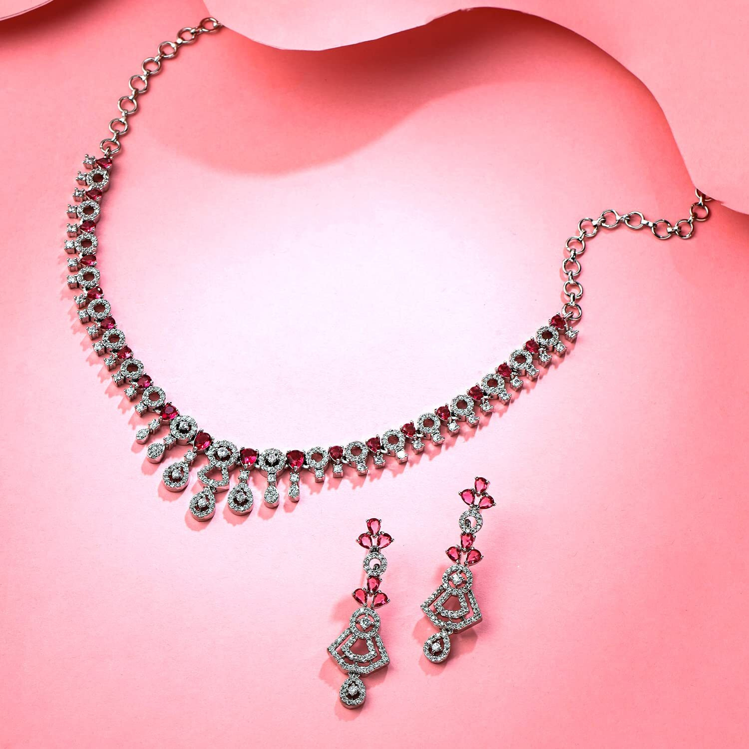 Yellow Chimes American Diamond Necklace Set For Women | Pink & White Stone Silver Jewellery Set For Women | Diamond Necklace Set | Birthday Gift for Girls Anniversary Gift for Wife