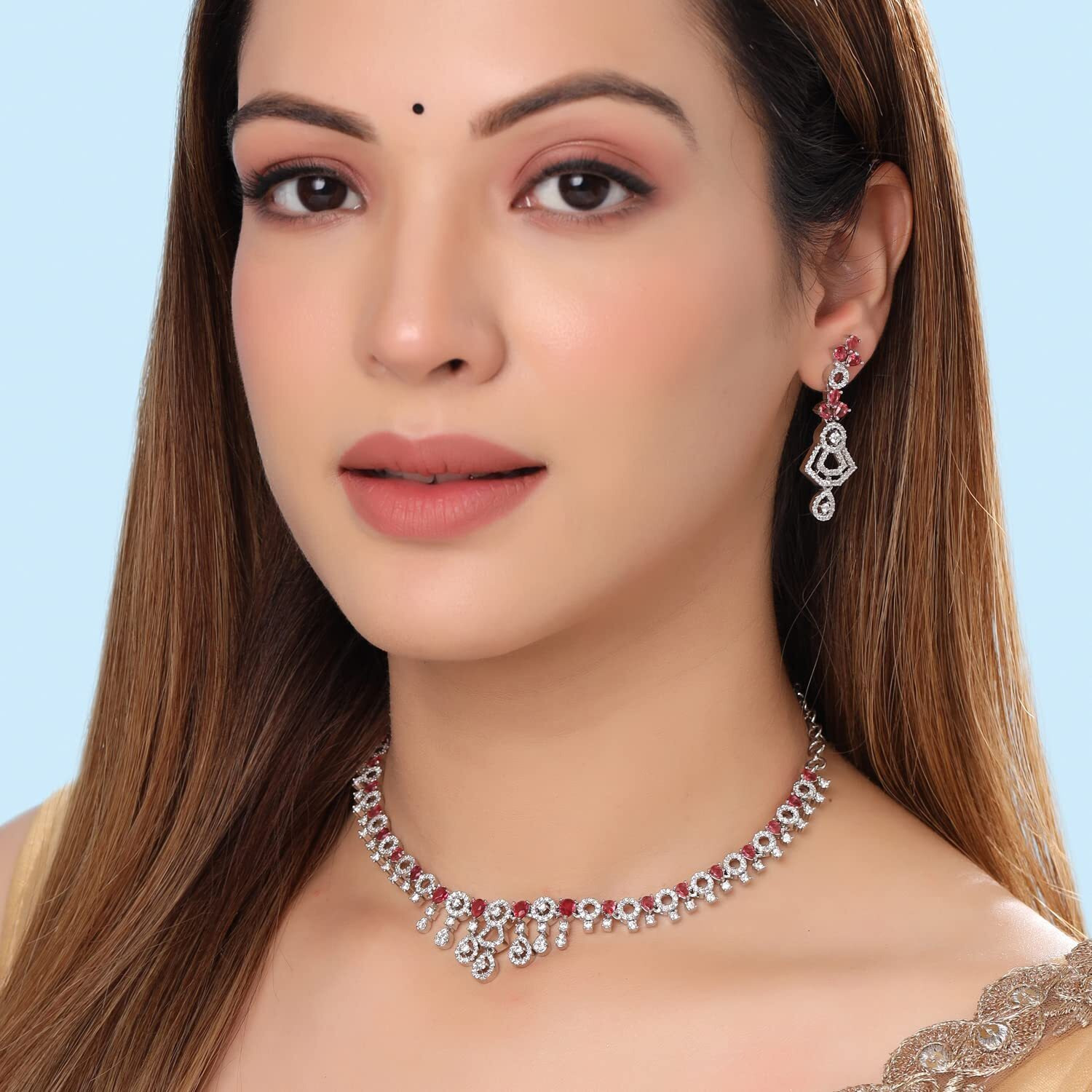 Yellow Chimes American Diamond Necklace Set For Women | Pink & White Stone Silver Jewellery Set For Women | Diamond Necklace Set | Birthday Gift for Girls Anniversary Gift for Wife