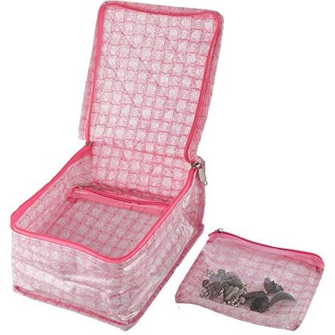 Kuber Industries Check Design Laminated PVC Jewelry Organiser Jewelry Storage Bags for Necklace, Earrings, Rings, Bracelet With 10 Transparent Pouches (Pink)-HS43KUBMART25836
