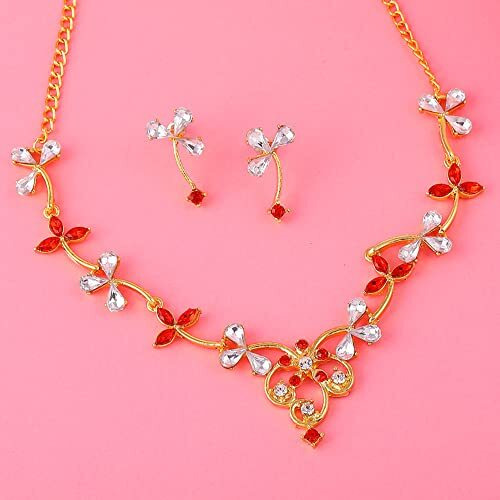 Gehena By Estele Gold Plated Floral Vine Designer Necklace Set with Ruby & White Crystals for Women