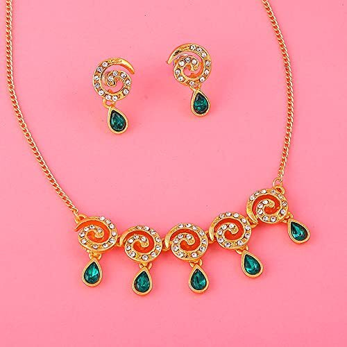Gehena By Estele Gold Plated Circular Infinity Designer Necklace Set with Green Crystal Drop for Women