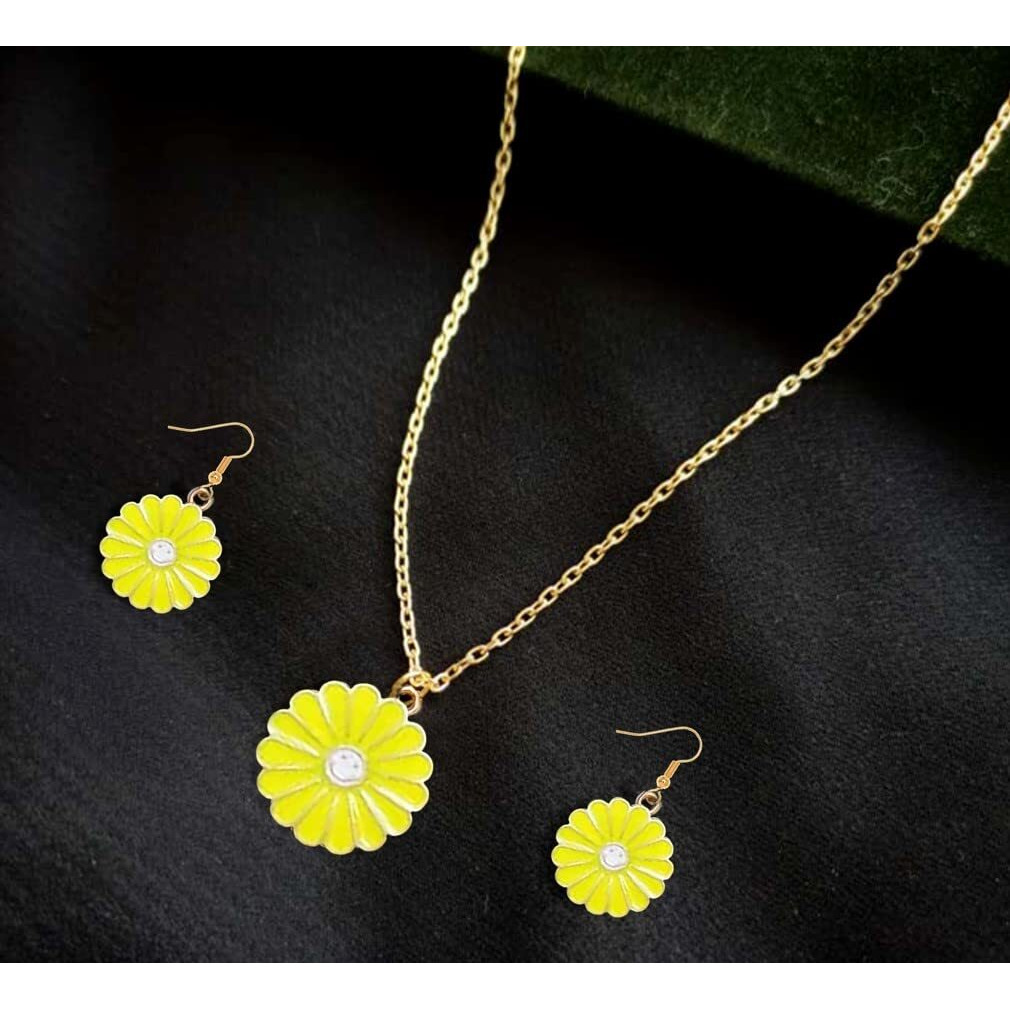 ANNACREATIONS Golden Chain Plated Yellow Daisy Pendant Necklace With Earrings for Women and Girls (STYLE 2)