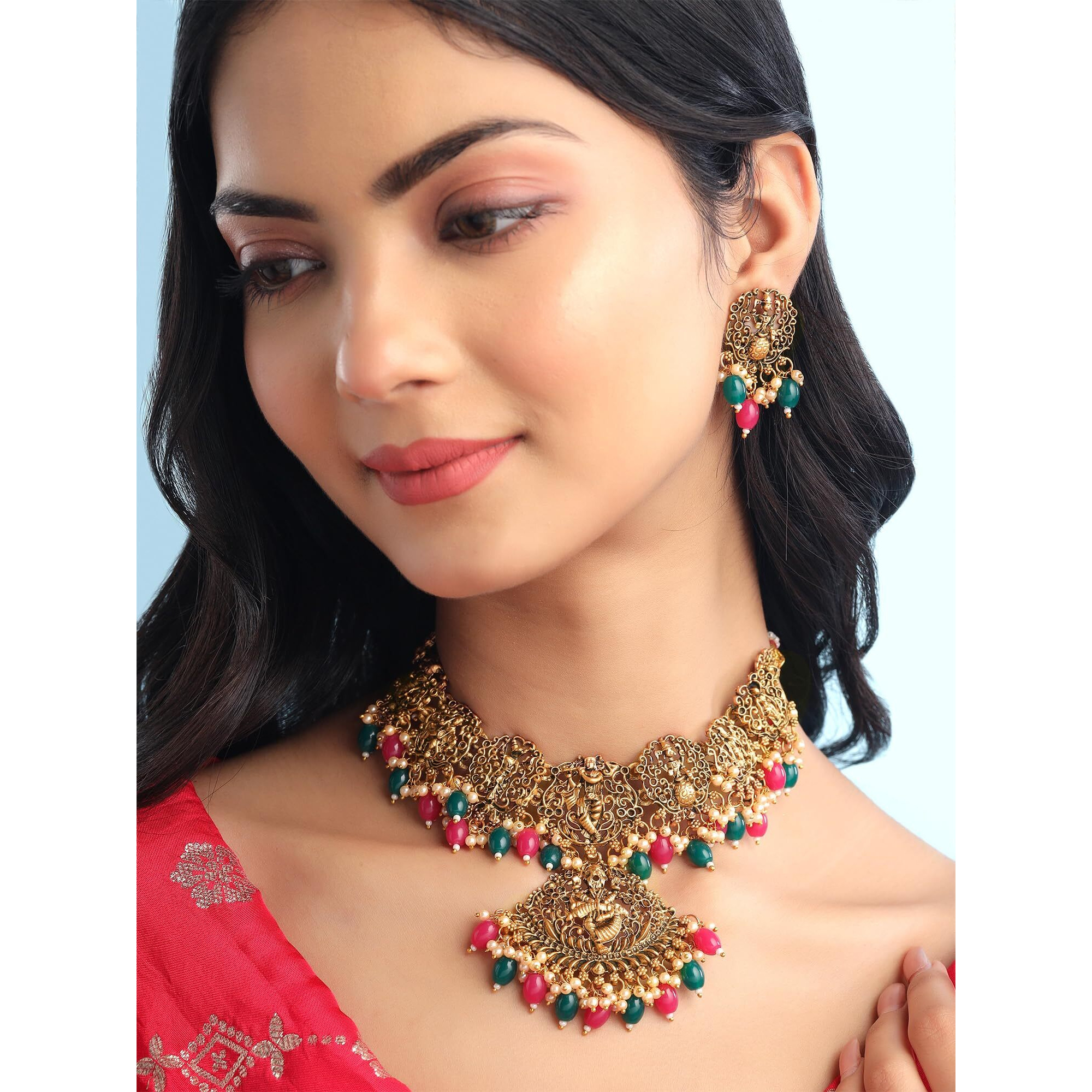 Yellow Chimes Jewellery Set for Women Gold Plated Traditional Temple Jewelry Set Antique Necklace Set with Earrings and Maangtikka for Women and Girls (JS 18)