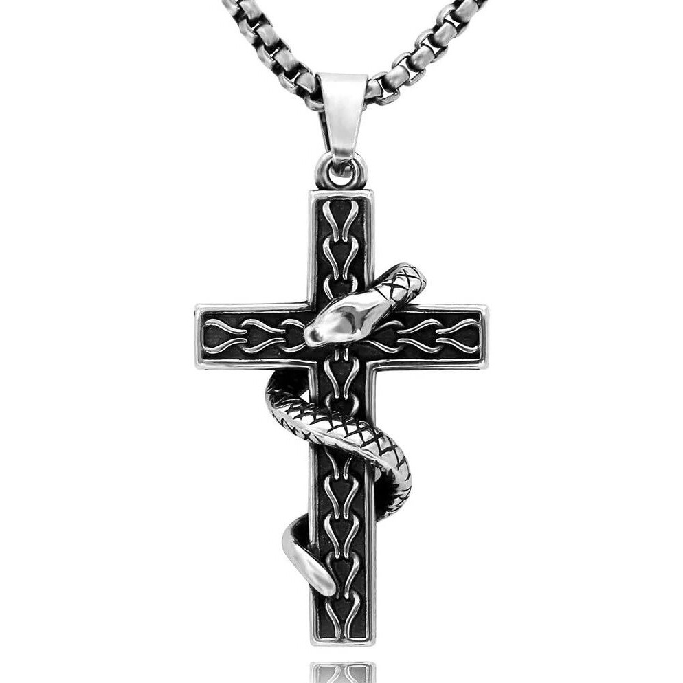 THE MEN THING SERPENT CROSS - Alloy Snake Pendant with Pure Stainless Steel 24inch Round Box Chain, American trending Style for Men & Boy