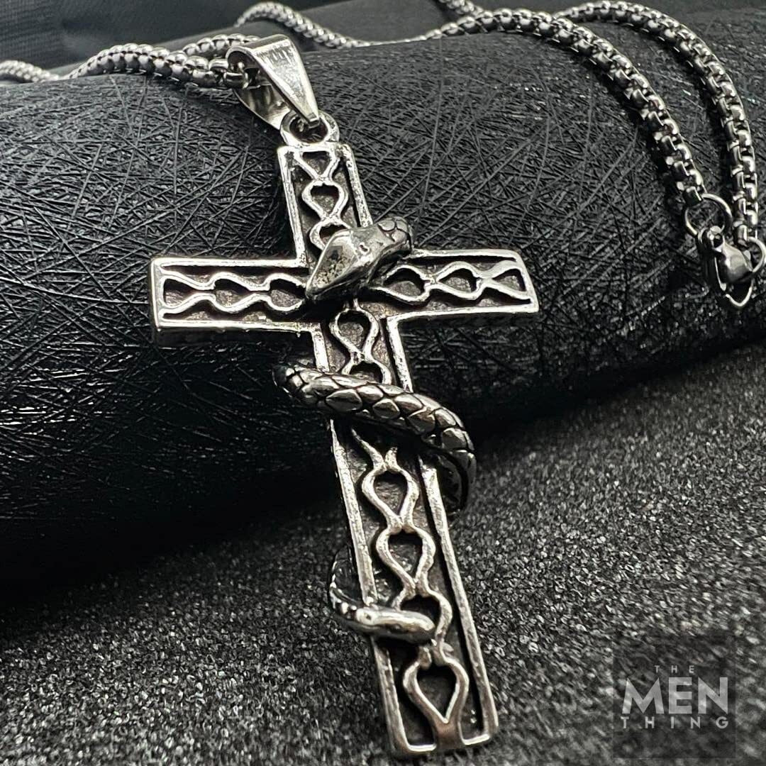 THE MEN THING SERPENT CROSS - Alloy Snake Pendant with Pure Stainless Steel 24inch Round Box Chain, American trending Style for Men & Boy