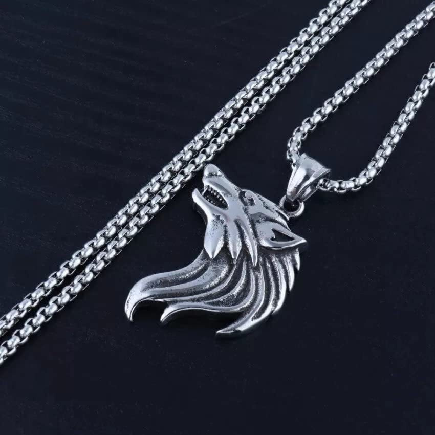 THE MEN THING WATCHING WOLF - Alloy Pendant with Stainless Steel 24inch Round Box Chain, American trending Style for Men & Boy